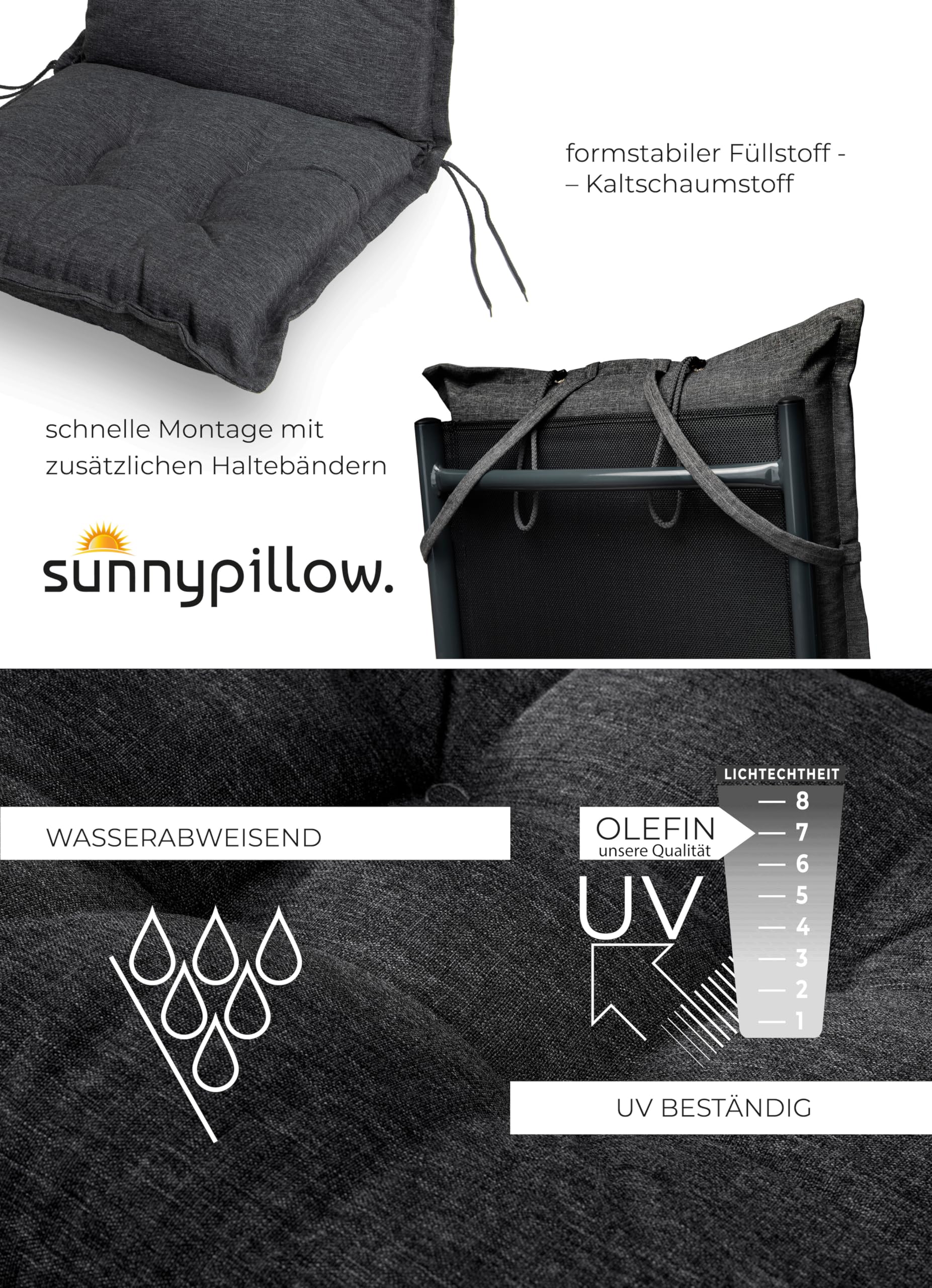 sunnypillow Set di 2 Cuscini per Sedia da Giardino con Schienale Alto - 120 x 50 Spesso 9 cm - per Interni ed Esterni - con Poggiatesta Rimovibile, Impermeabile e Resistente ai Raggi UV - Antracite