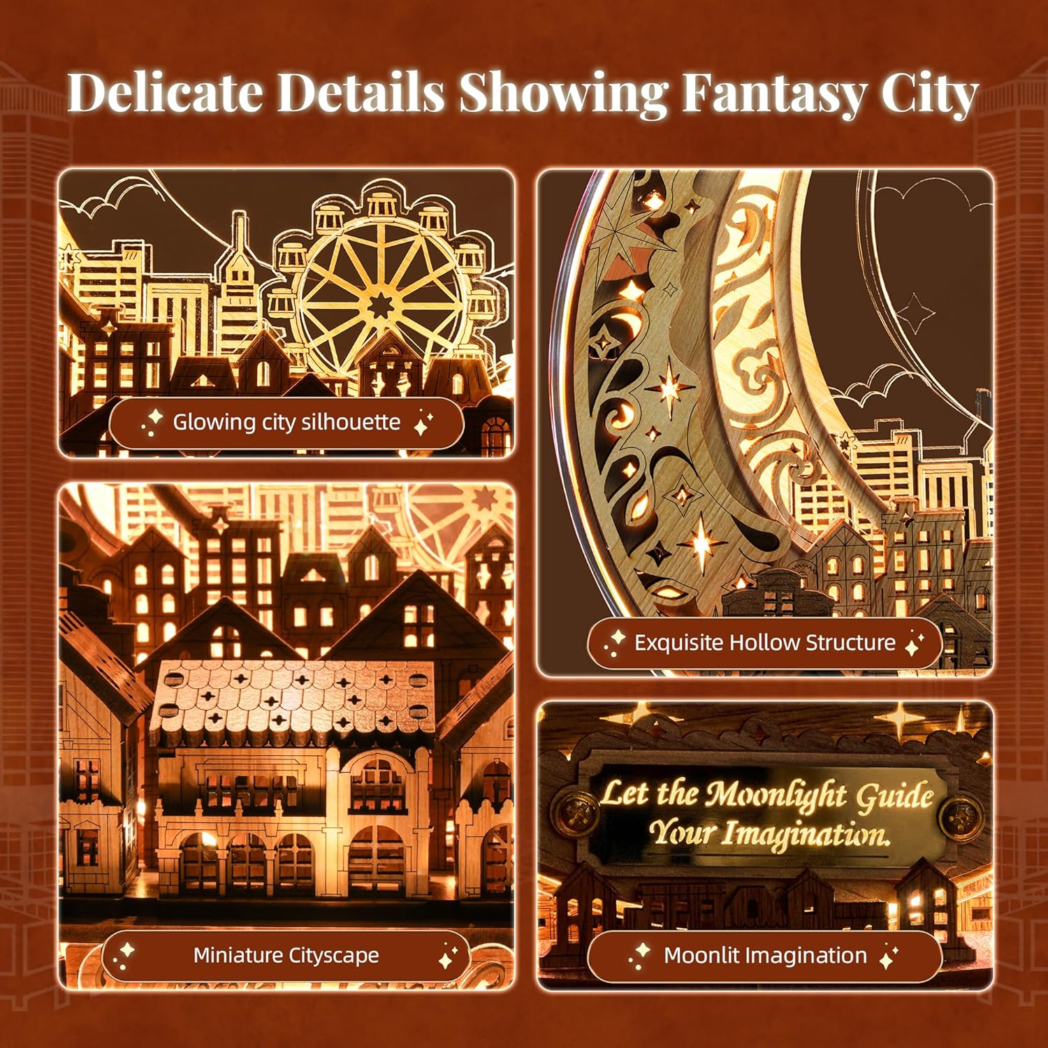 3D DIY Puzzle Moon City Model - LED 3D Wood Puzzle - 3D Wooden Puzzles for Adults Home Décor Gifts for Kids and Adults, White