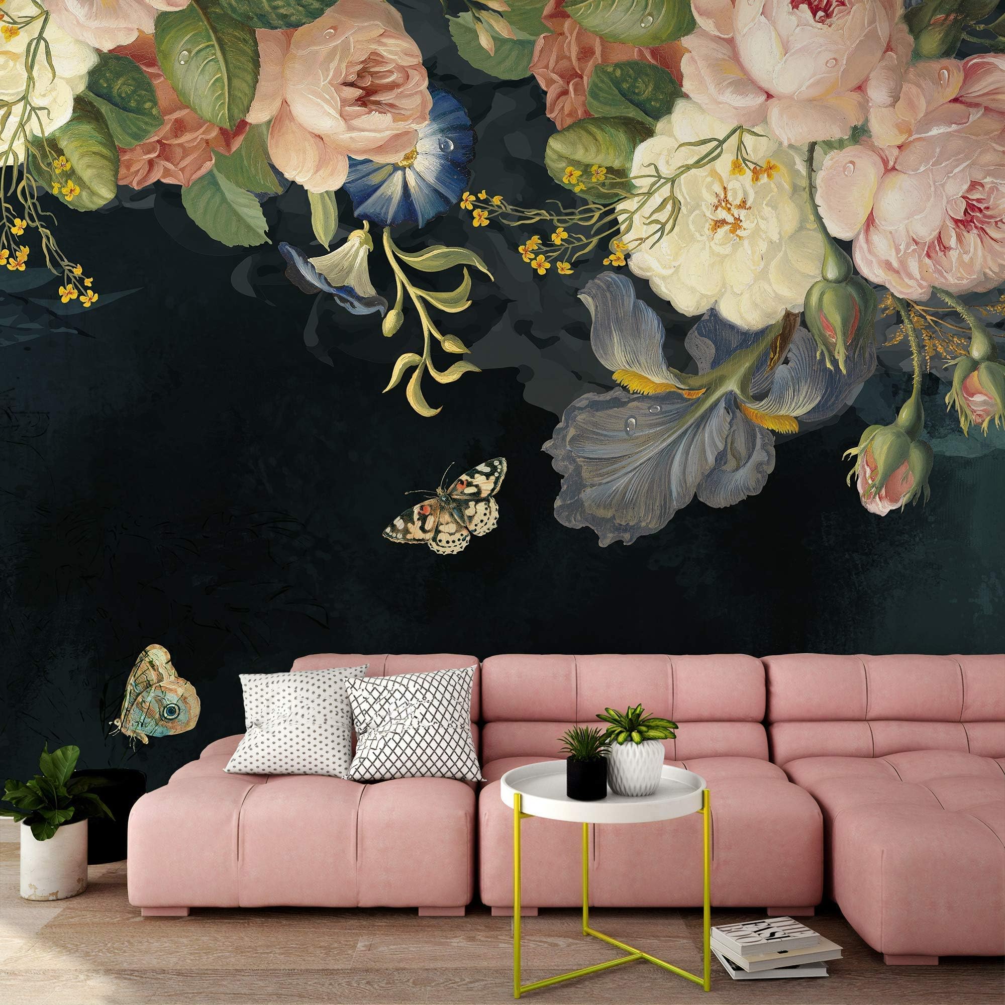 Murwall Oil Painting Dark Floral Wallpaper Pink Peony Flower Wall Mural Vintage Blossom Wall Print