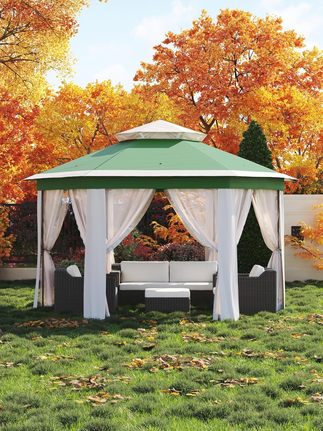 Garvee Pop Up Gazebo Screen Tent,Hexagonal Instant Gazebo Tent with Mosquito Netting Outdoor Canopy,6 Sided Sun Shelter 13x13ft with Mesh Netting,Pavilion Tents for Patio,Green+Beige