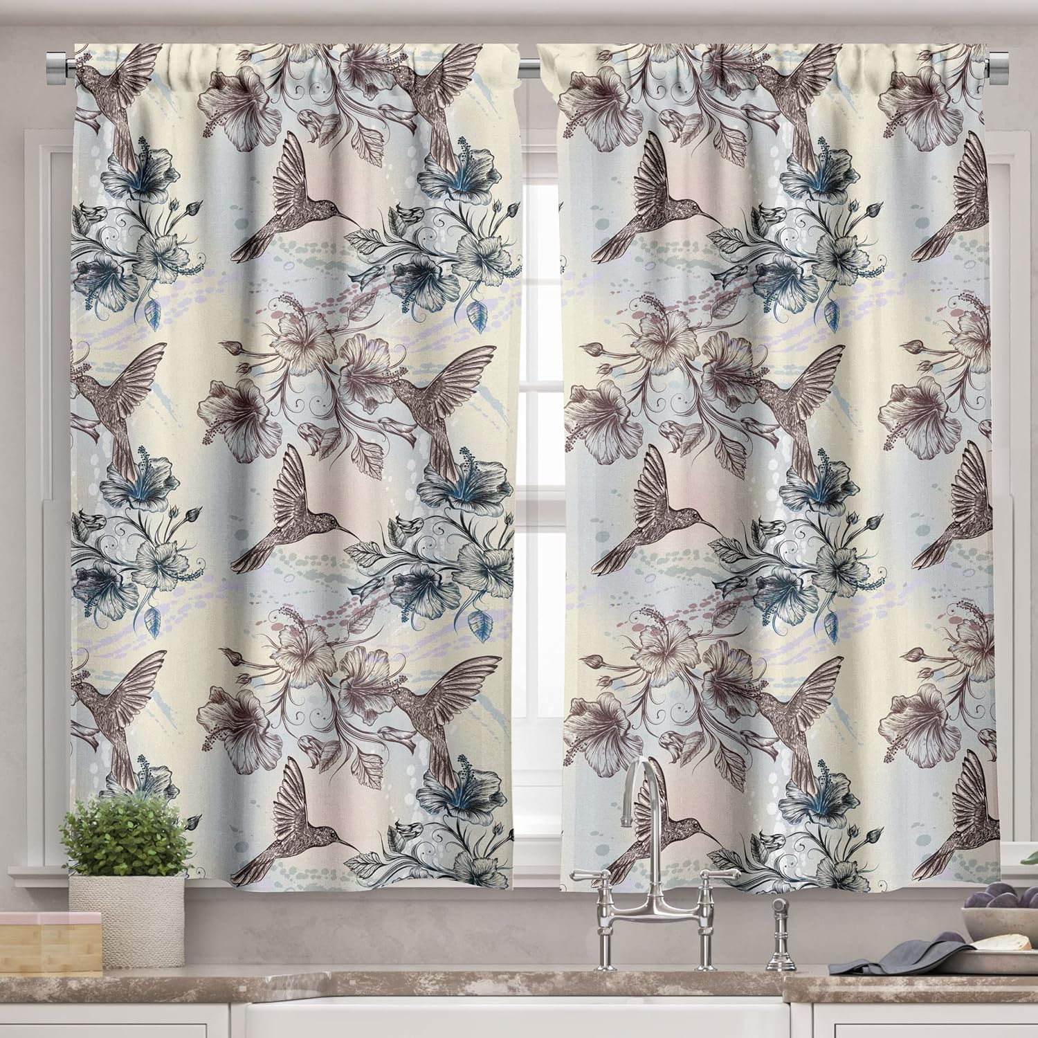 Ambesonne Hummingbird Valance & Tier Curtain 3 pcs Set, Birds and Hibiscus Flowers Nostalgia Antique Design Classical Print, Window Treatments for Room Kitchen Decor, 55" x 24", Teal Brown