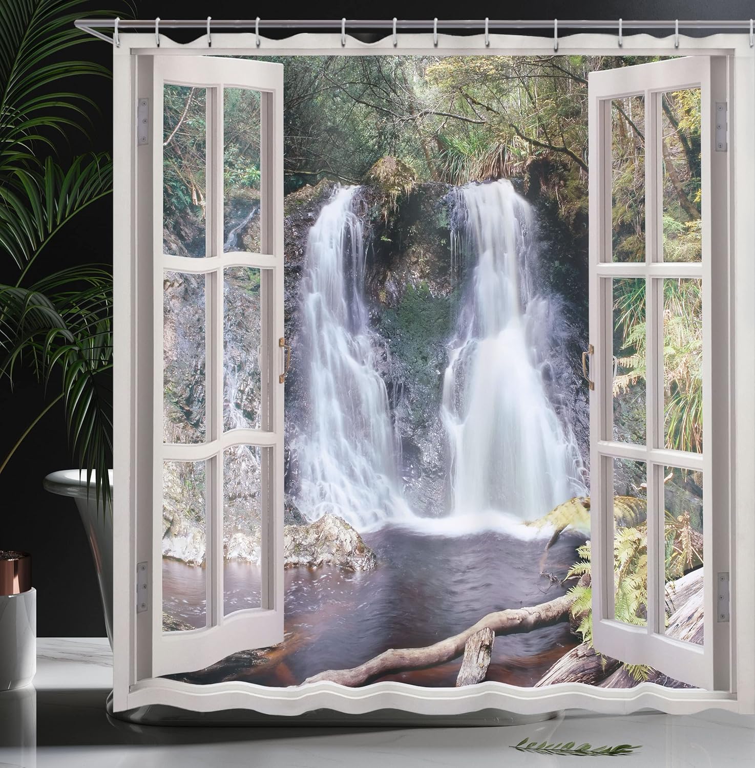 Ambesonne Waterfall Shower Curtain, Little Waterfall Nestled in The National Park Panoramic Fresh Environment River, Cloth Fabric Bathroom Decor Set with Hooks, 69" W x 75" L, Brown Green