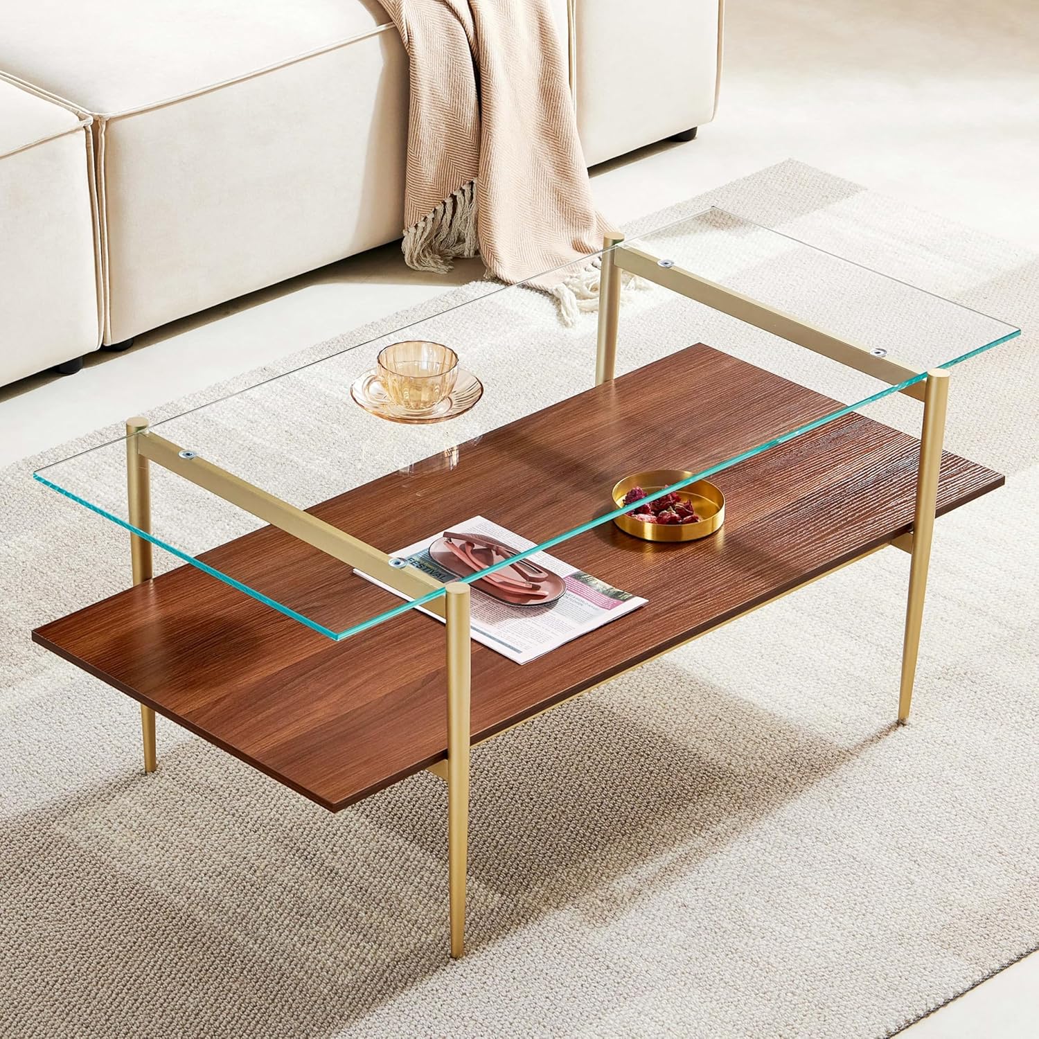 AGV Lighting Tadio Mid-Century Modern Glass Coffee Table, Gold Legs, Clear Glass Top & Walnut Shelf, 43" Living Room Essential