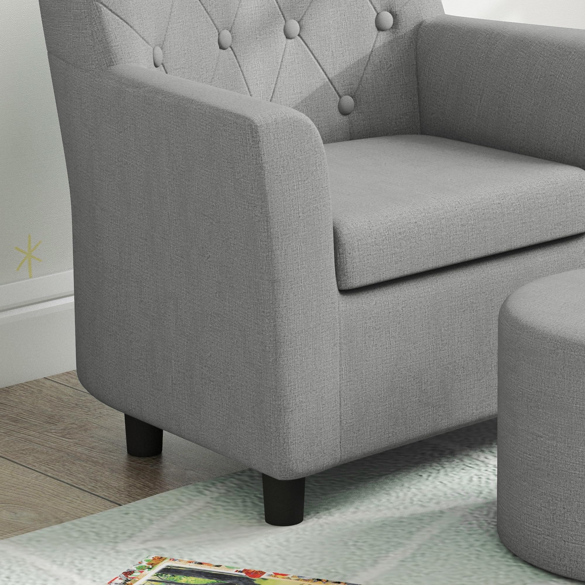 AIYAPLAY Kindersessel Kindersofa mit Fußhocker Kindercouch 1,5-3 Jahre Kindermöbel Kinderzimmer Leinentoptik Eukalyptusholz Grau 45 x 43 x 50,5 cm