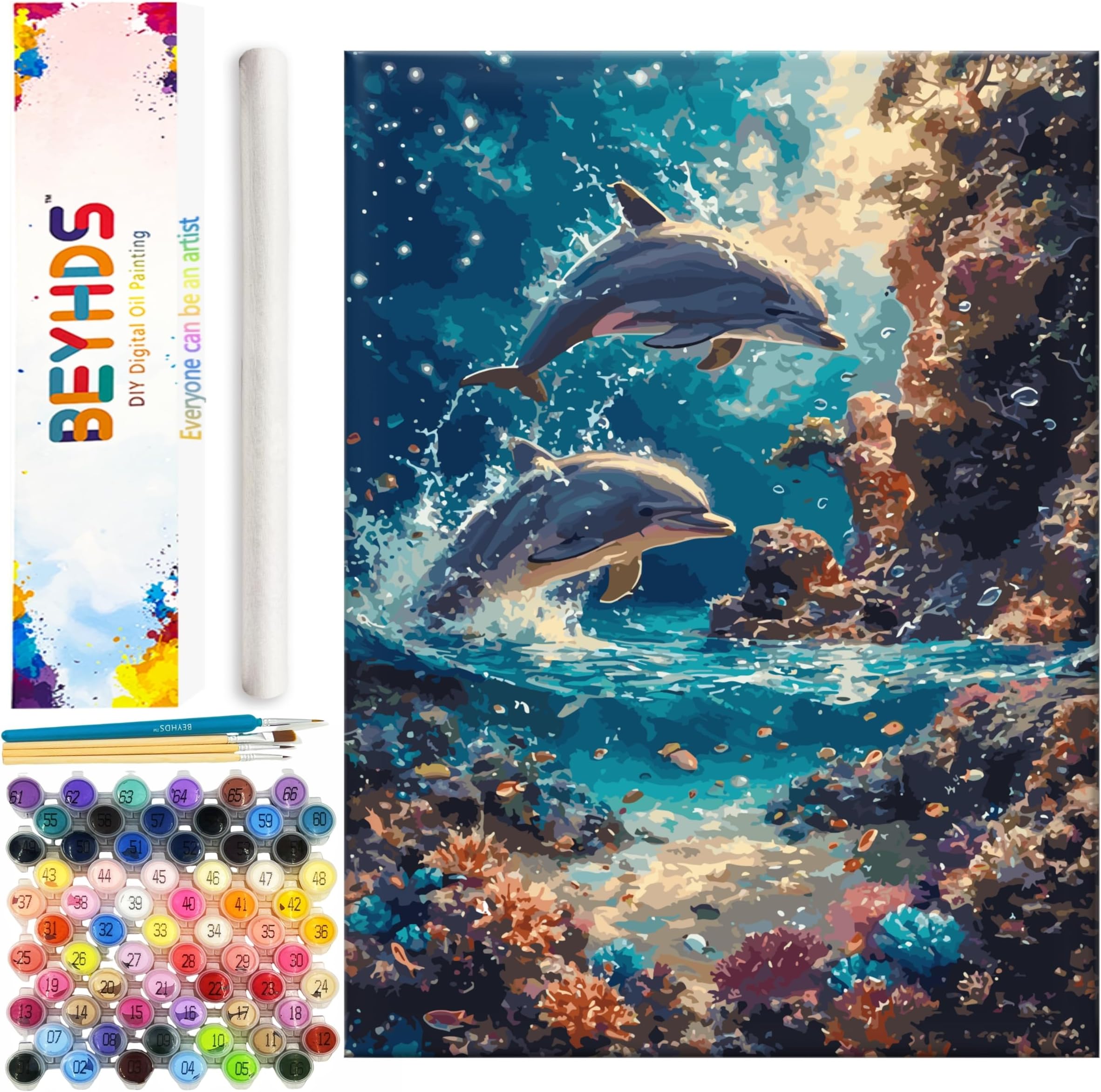 BEYHDS Professional Digital Oil Painting Kit (Unframed) with Brushes and 60 Pieces of Acrylic Paint - 18 inches * 24 inches Large, Dolphin Cove (BEYDW030)