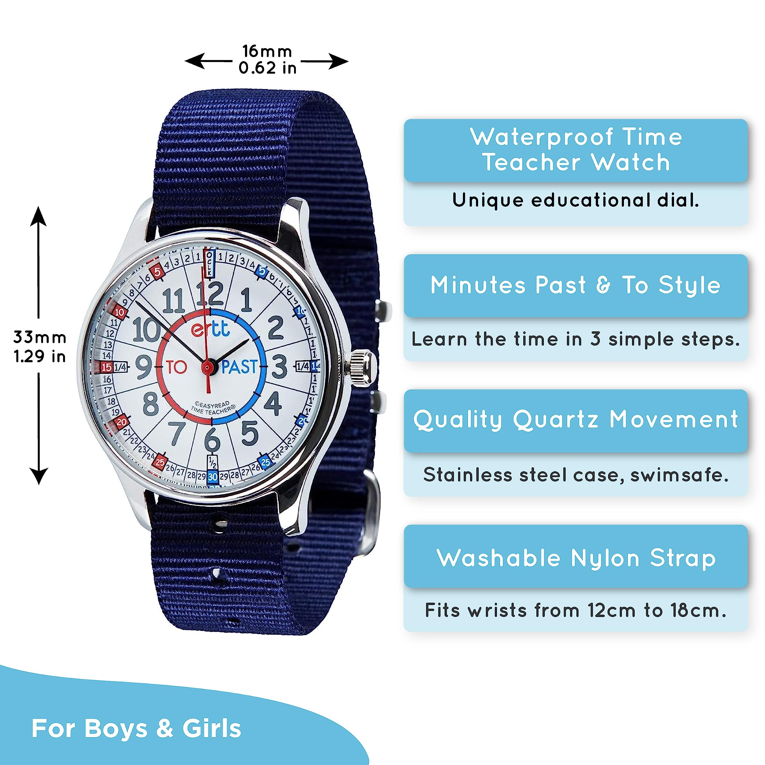 ertt EasyRead Time Teacher Waterproof Kids Watch - Watches for Kids - Learn to Tell The Time Watch for Boys & Girls - 3 Step Time Teacher Kids Watch - Past/to Dial - Analogue with Easy to Read Dial,