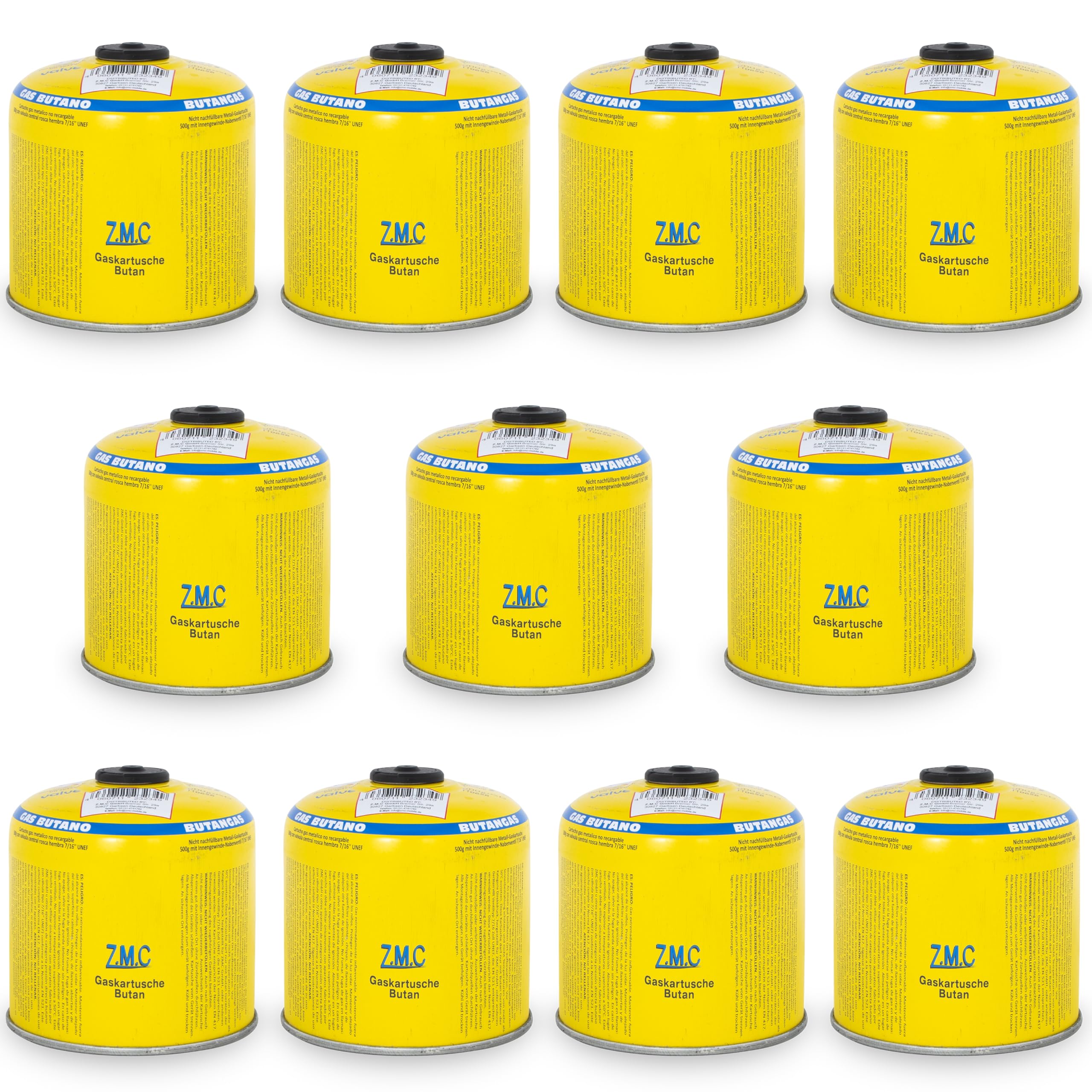 Z.M.C 11x Butan Gaskartuschen 500g / 990ml mit 7/16", mit Propan/Butan Gas, (EN 417) Eurogewinde Schraubgewinde Anschluss, Druckgasdose mit Schraubventil, Ventilkartusche mit Schraubverschluss,