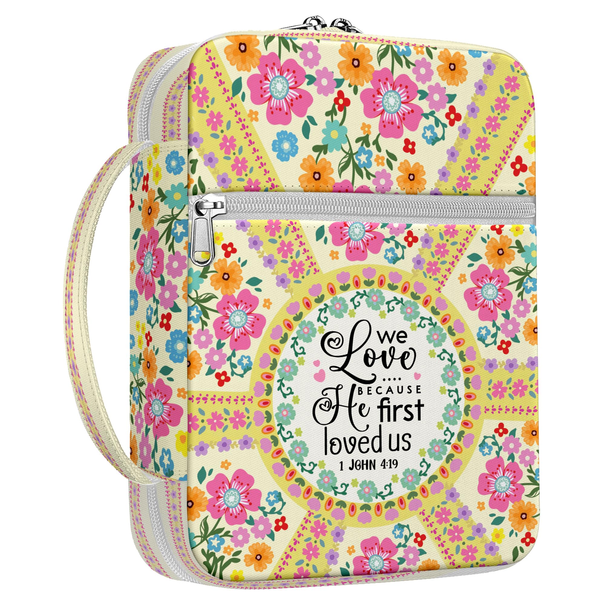 MYSMOR Floral Scripture Bible Cover for Women, Canvas Bible Case with Handle and Zipper Pocket, Inspirational Bible Holder for Church and Study, Fits Medium Large Size Bible, Christian Gift