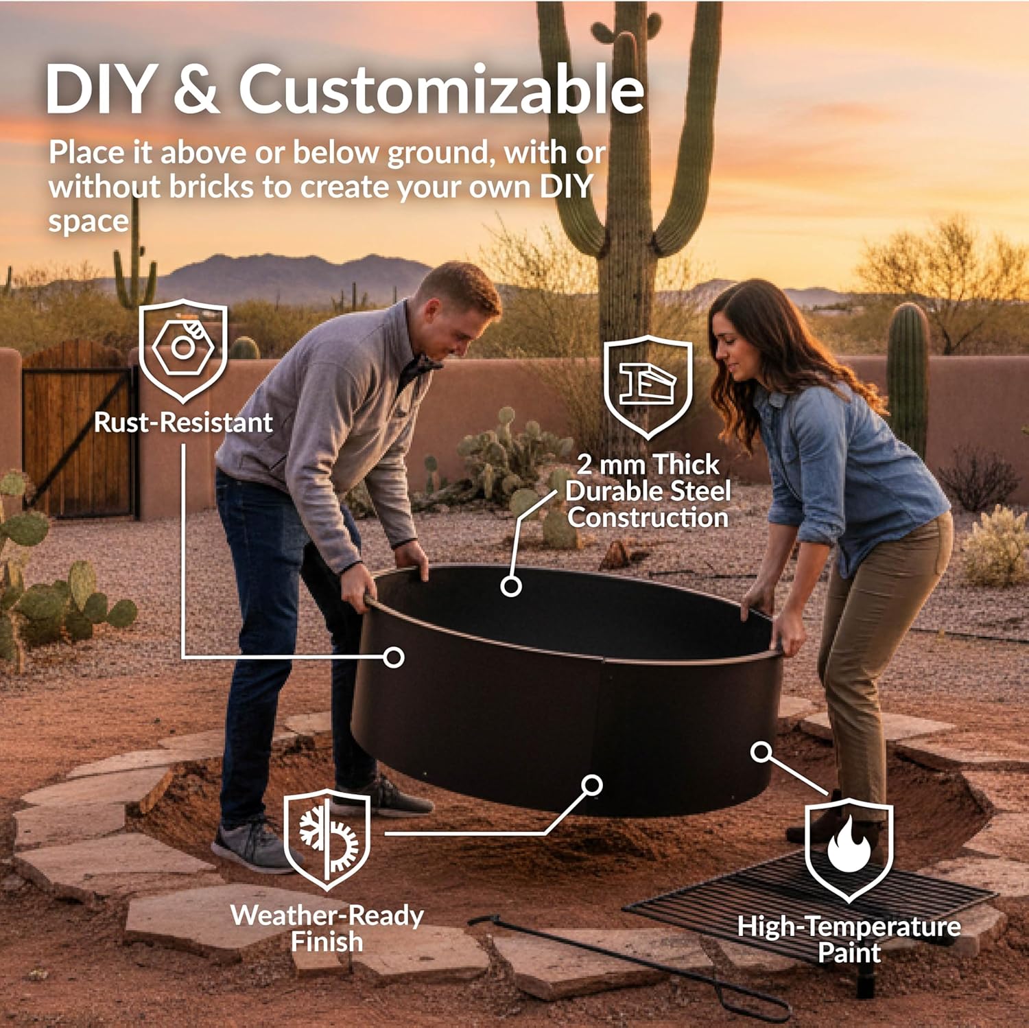 Sunnydaze Outdoor Fire Pit Ring - Heavy-Duty Round Steel Fire Ring with Cooking Grate and Poker - 36-Inch Outer/34-Inch Inner Diameter