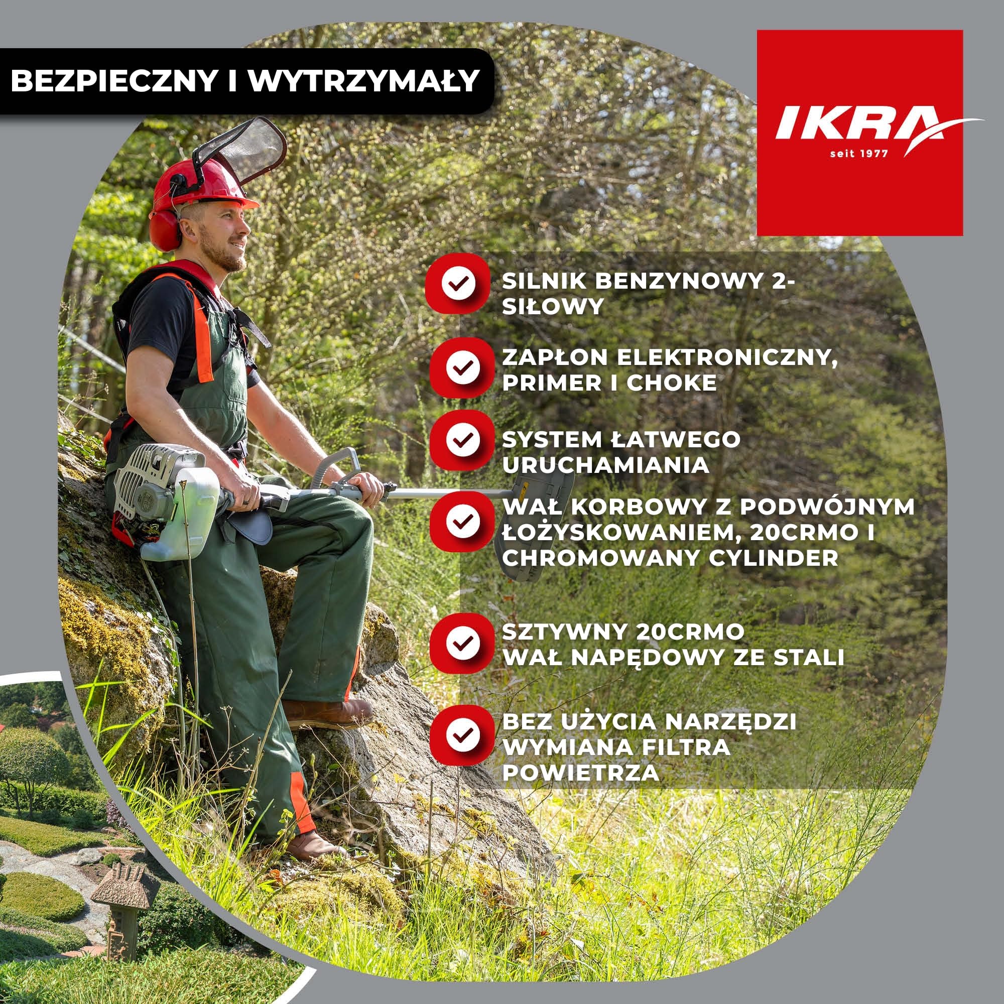 IKRA Urządzenie wielofunkcyjne 4w1 spalinowe IBKH 52-1, 1,5 kW pas na ramię | 4 urządzenia w 1: kosa, podkaszarka, nożyce i pilarka, przedłużka w zestawie, silnik 2-suwowy, system łatwego rozruchu