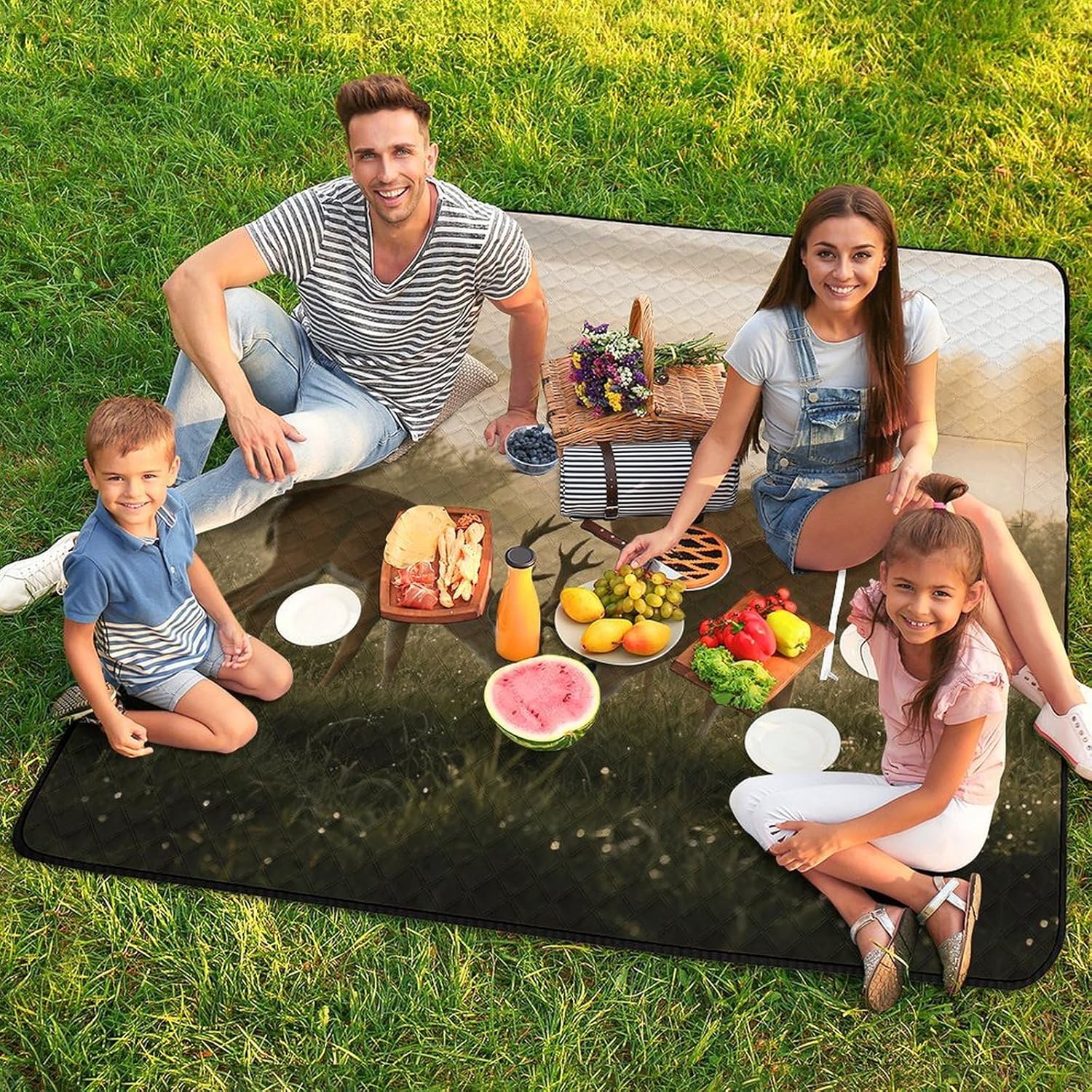 Deer Grass Hunting Picnic Blanket 200x200cm, Foldable 2-in-1 Picnic Mat and Tote Bag Portable Waterproof Beach Mat Sandproof Outdoor Blanket for Park, Hiking, Beach, Camping, Travel