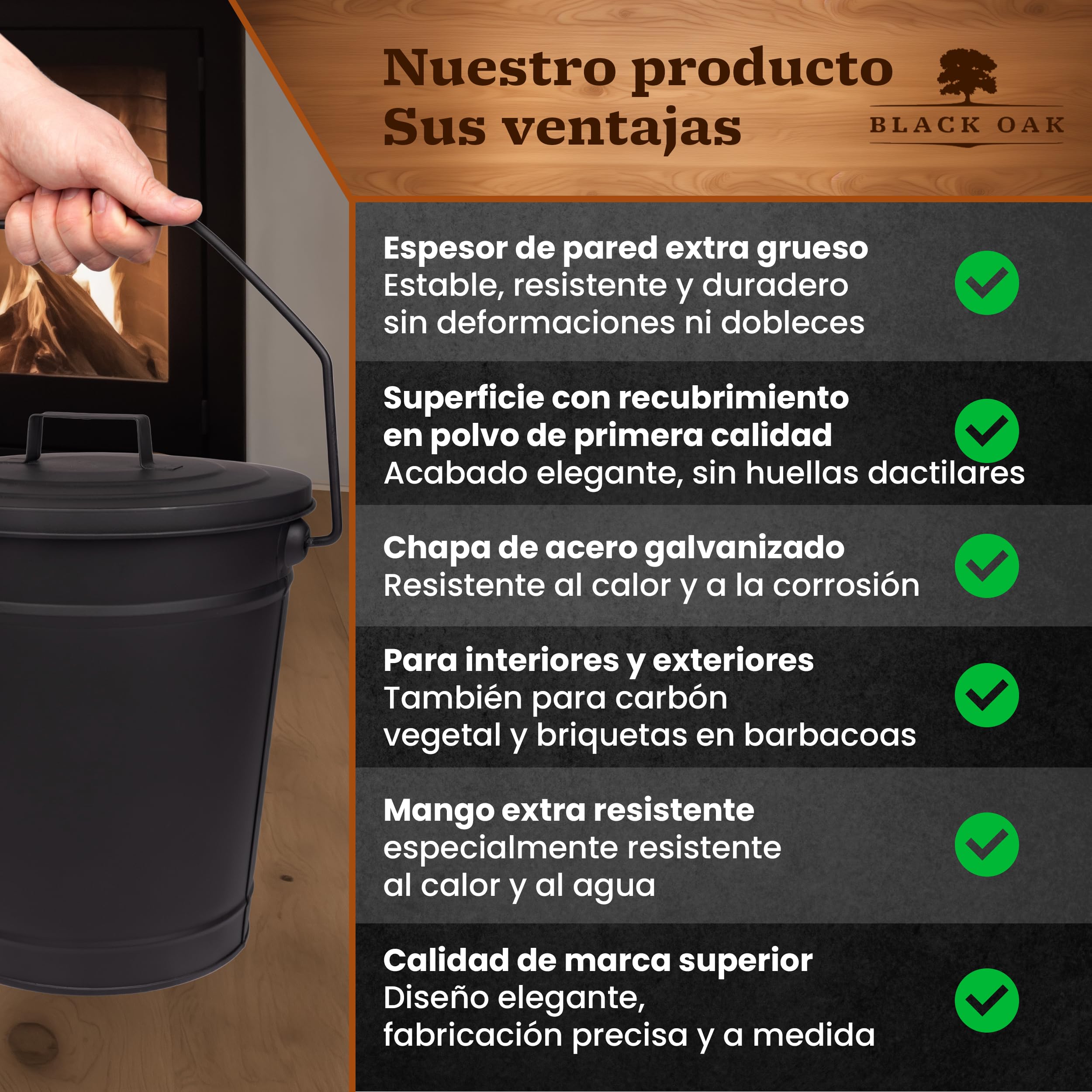 BLACK OAK Cubo de ceniza ETNA 14L – negro con tapa – grande 14 litros – Acero galvanizado y recubierto de polvo para cenizas y carbón, accesorio ideal para chimenea, estufa de azulejos, estufa de leña