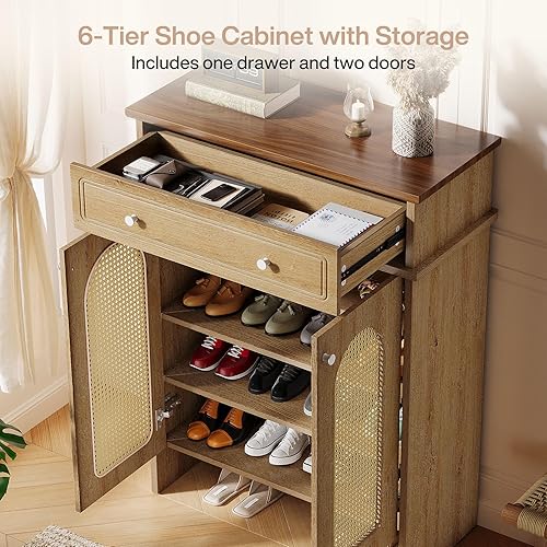 Miniatura 7 de Tribesigns Zapatero con puertas, zapatero de 6 niveles con cajón y estantes ajustables, 43.3 pulgadas de alto, gabinete de almacenamiento de zapatos