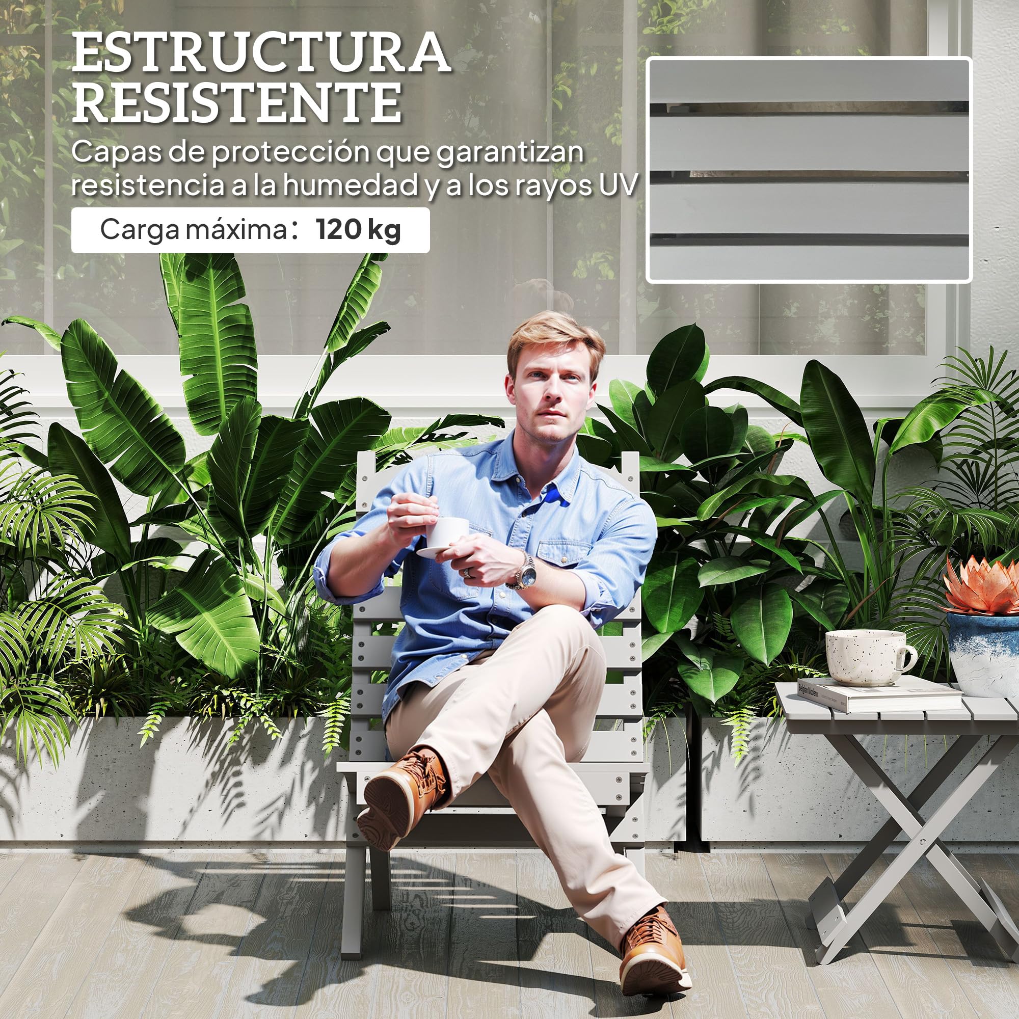 Outsunny Silla de Jardín de Madera Silla de Exterior con Diseño Listones y Respaldo Inclinado Carga 120 kg para Balcón Patio Terraza 78x48x76 cm Gris