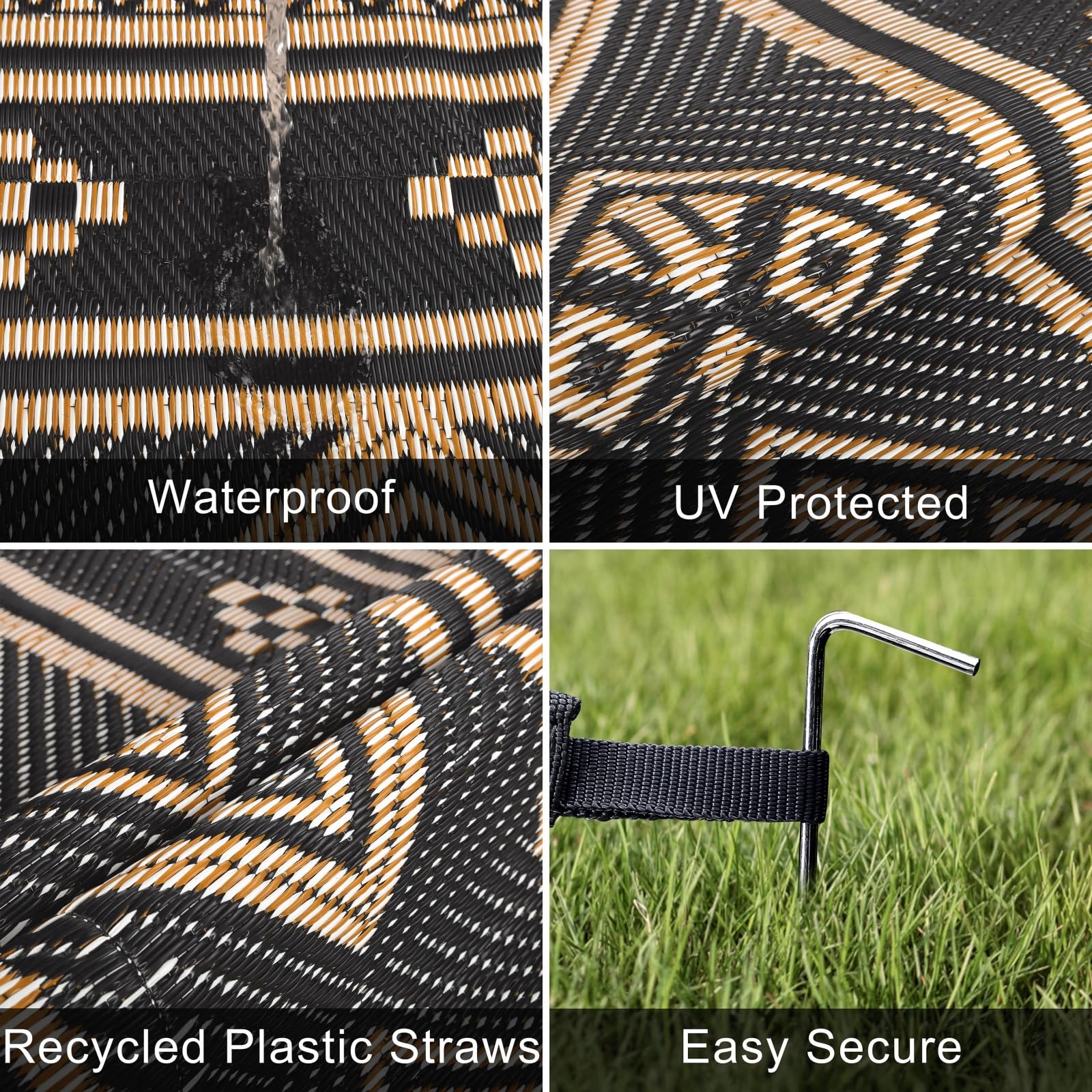 SHACOS Tapis extérieur réversible imperméable, résistant UV, pliable, balcon, terrasse, camping, plage, 180x270 cm, noir