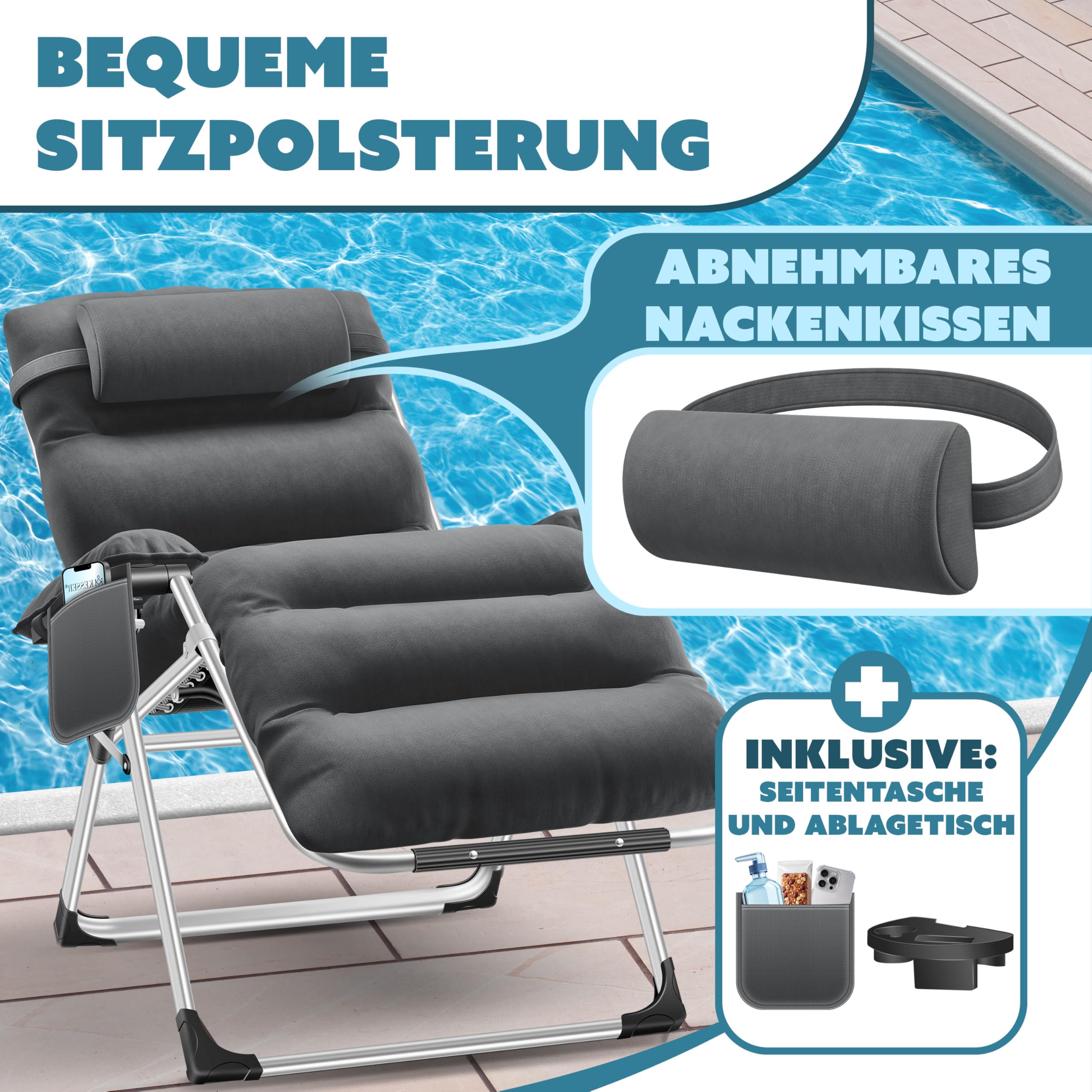 Chaise de camping de jardin pliable, gris résistante aux intempéries et