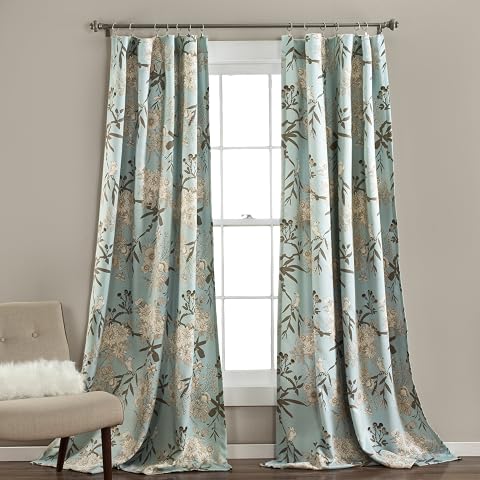 Lush Decor Botanik bahçe perdeleri, çiçek kuşu baskısı, oda karartması, oturma odası, yemek odası, yatak odası için pencere paneli seti (çift), mavi, 132 cm G x 213 cm U