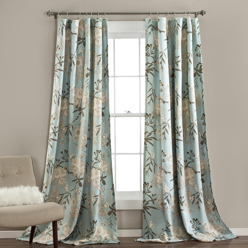 Lush Decor Cortinas de jardín botánico con estampado floral de pájaros, juego de cortinas para ventana con filtro de luz para sala de estar, comedor, dormitorio (par), azul, 52 pulgadas de ancho x 84 pulgadas de largo