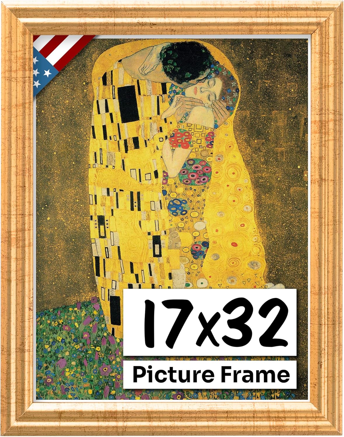 Antique Gold 17x32 Picture Frame .75" Inch Wide - Gold Wall Decor Handmade Solid Wood Frames with Preinstalled Hangers and UV Blocking Plexiglass 32x17 Frame