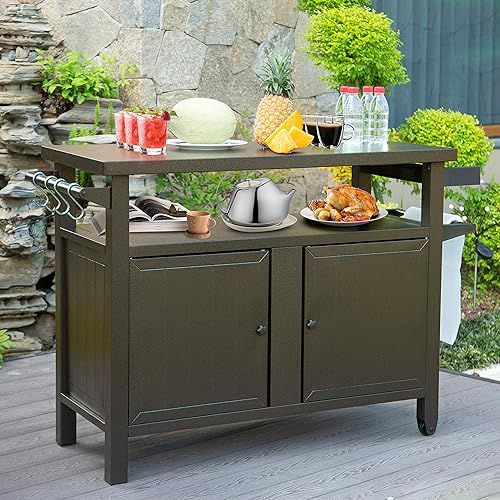 Miniatura 10 de Domi - Carritos de parrilla para exteriores con ruedas, mesa de metal para exteriores, mesa de comedor de cocina, mesa de barbacoa para patio, isla