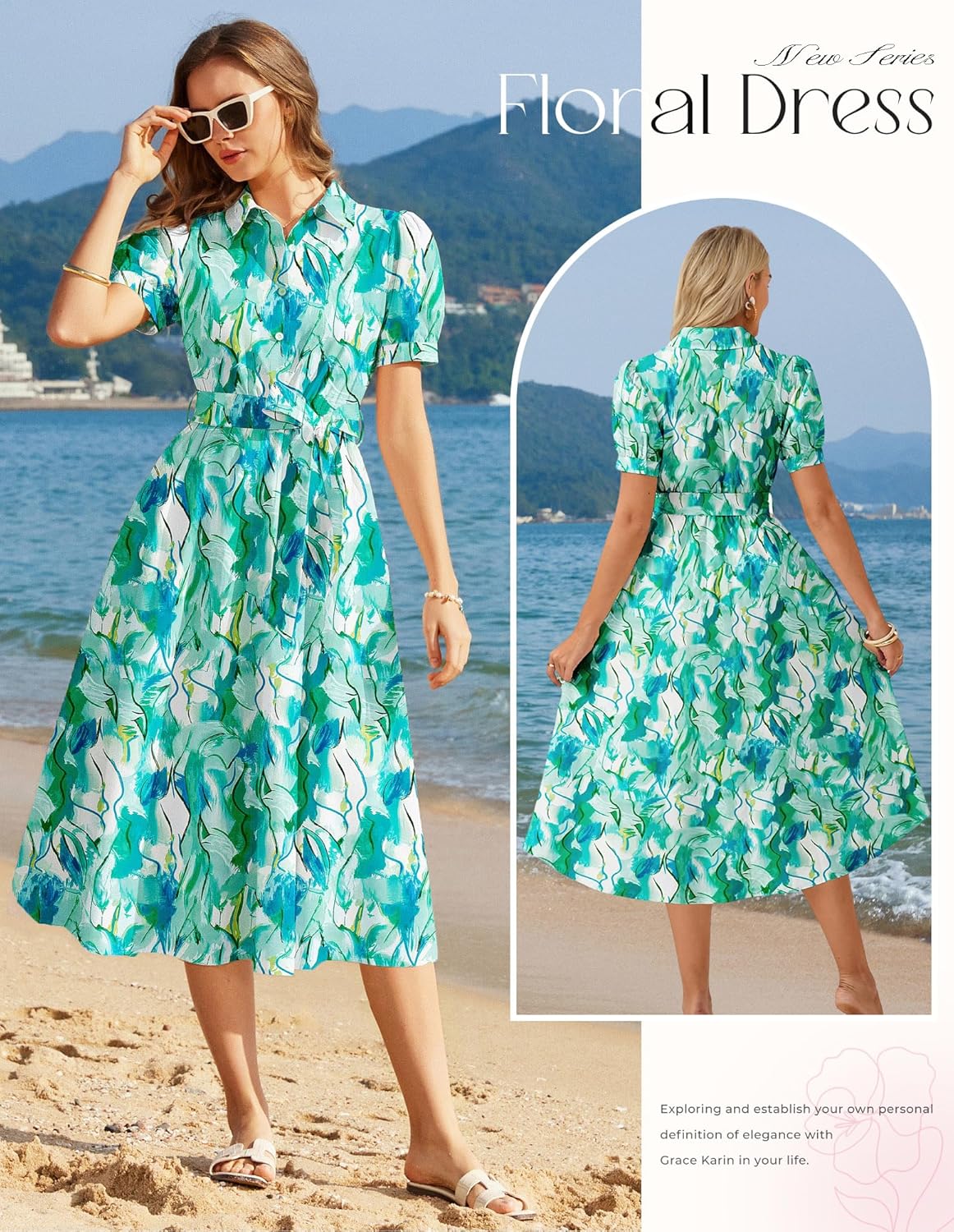 GRACE KARIN Womens Cotton Summer Boho Midi Dresses 2026 Puff Sleeve Shirt Dress Flowy Floral Wedding Guest Dress with Pocket - Image 2