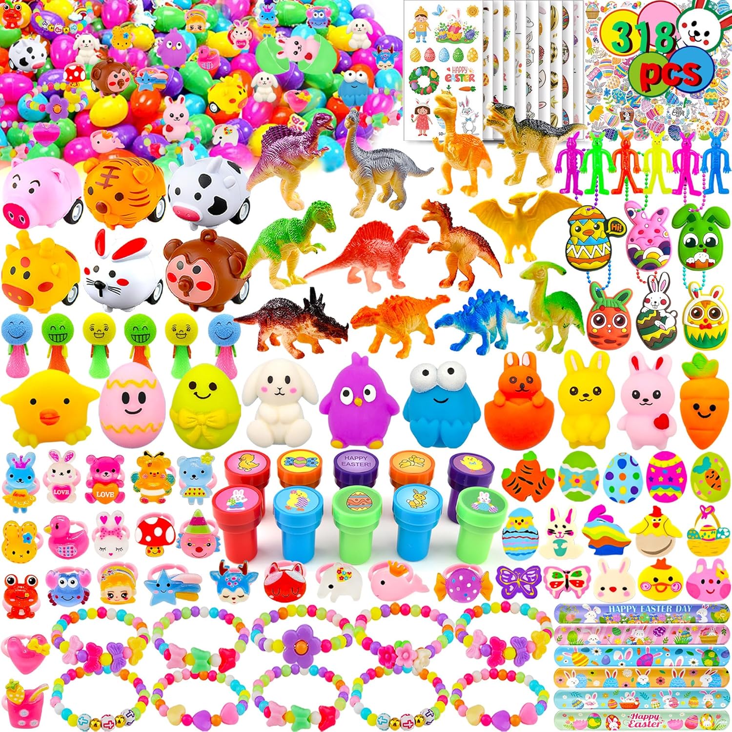 Phaorui 318 pcs Easter Eggs 100 pack Easter Eggs Bulk wtih 218 Toys inside Small Toys for Easter Egg Easter Basket Stuffers Hunt Party Favors for Kids Toddlers Boys Girls