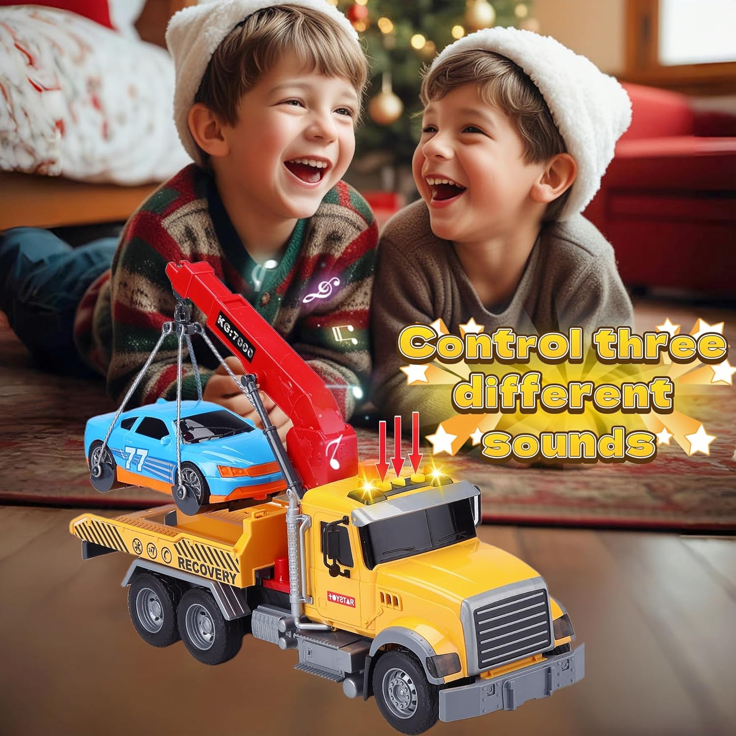 Kids Tow Truck with Car Toys for Boys Ages 4-7, Large Tow Truck Toys with Working Hook Lights and Music Rescue Toys for Kids 8-12 Birthdays