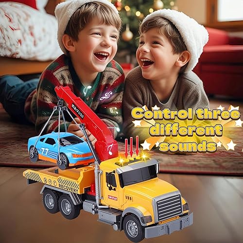 Miniatura 4 de Camión de remolque para niños con juguetes de coche para niños de 4 a 7 años, camión de remolque grande con luces de gancho de trabajo y juguetes de