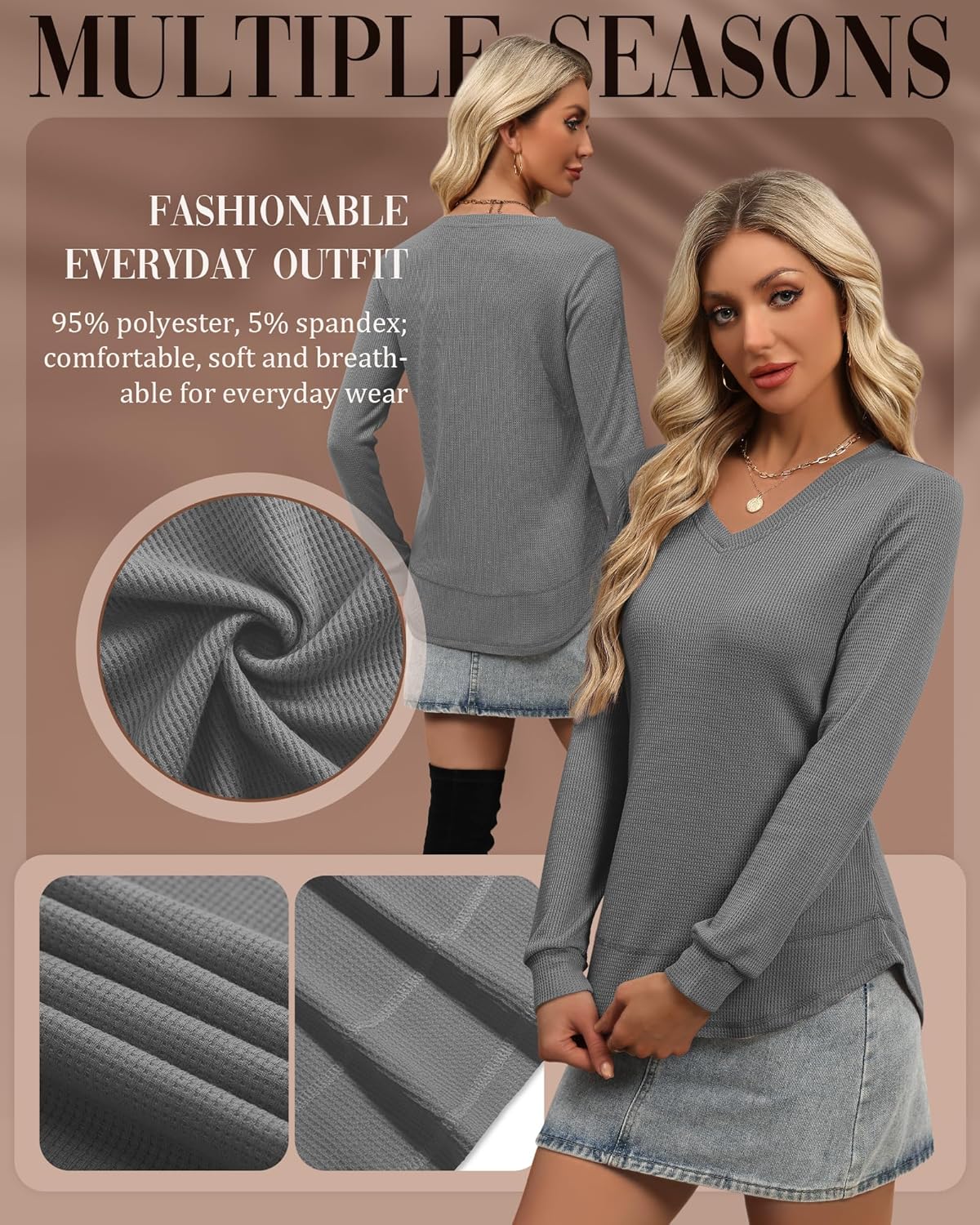 3 Pack Women's Waffle Knit Tunic Tops for Leggings Long Sleeve V Neck Sweatshirts Curved Hem Shirts 2026 Trendy - Image 5