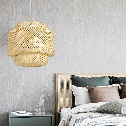 Miniatura 6 de Lámpara colgante de bambú, lámpara colgante tejida a mano de 15.7 pulgadas, lámpara de techo bohemia, lámpara de ratán natural beige para cocina,