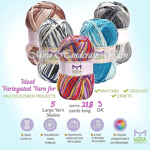 Miniatura 3 de Mira Handcrafts Hilo de ganchillo multicolor para tejer y hacer ganchillo, 5 madejas gigantes de hilo abigarrado (3.53 onzas cada una)  Total de