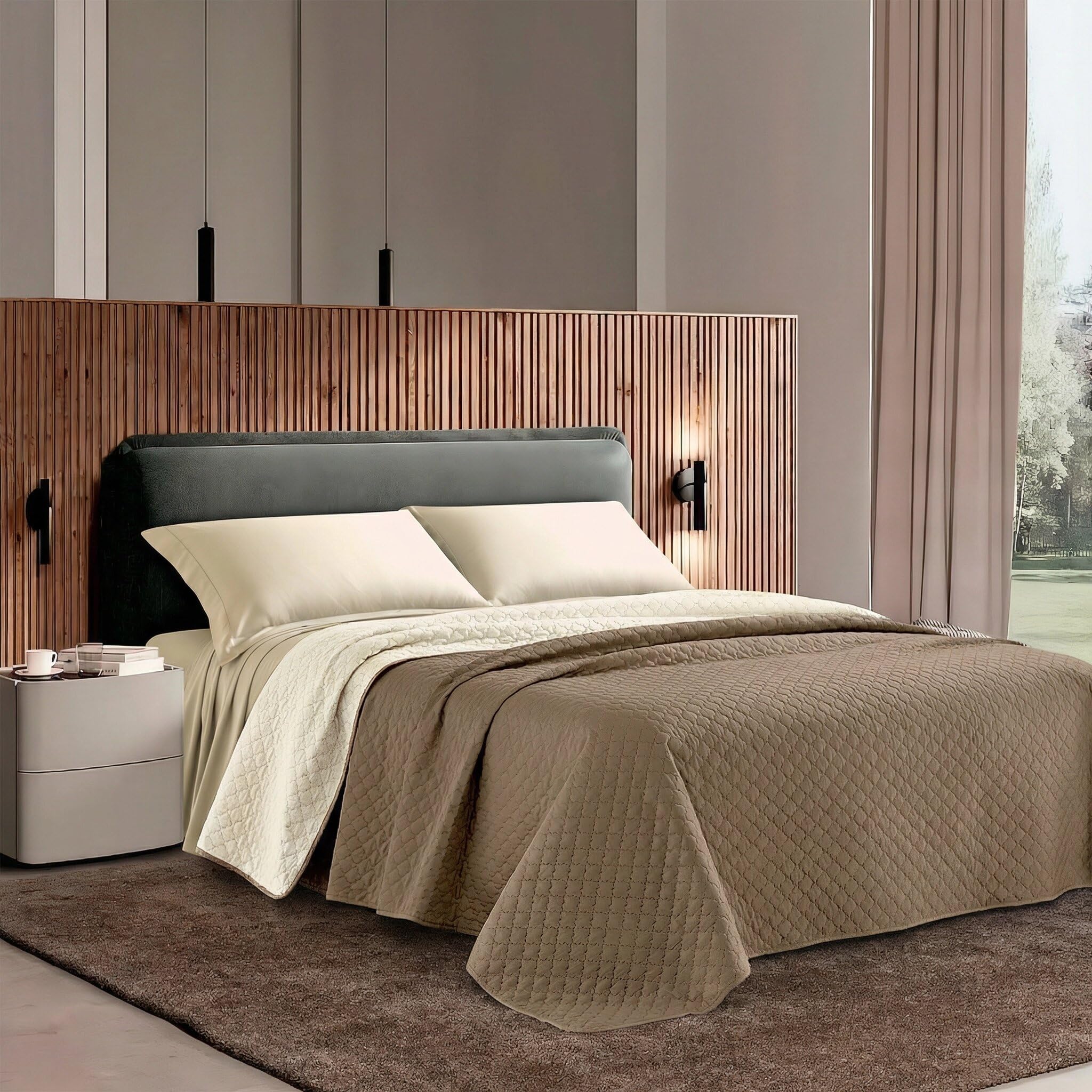 Riad Arredo Trapuntino Primaverile Bicolor Estivo Morbida Microfibra - Copriletto Trapuntato Leggero Double Face Tinta Unita (Cioccolato/Panna, 2 Piazze - 250X250 cm)