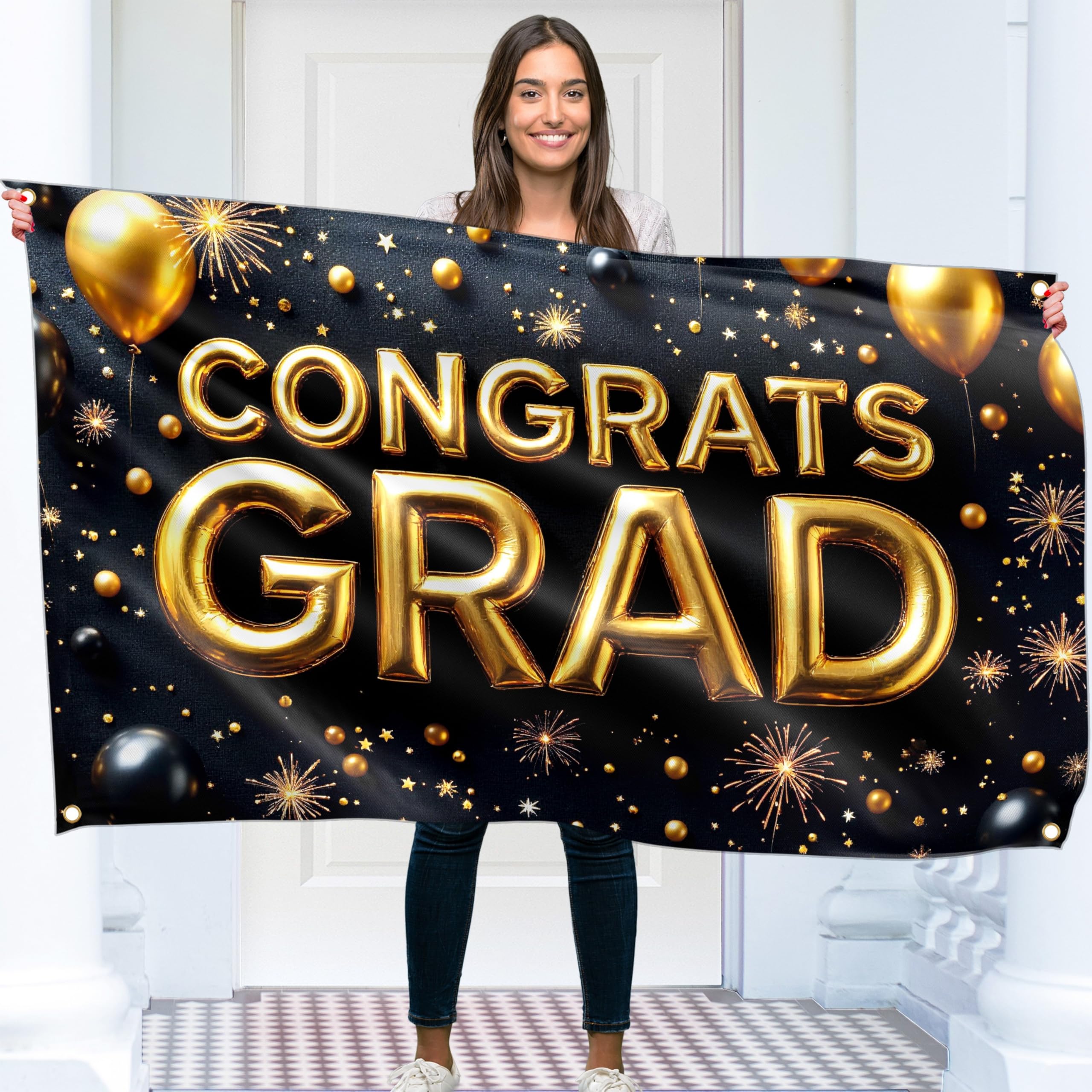 Congrats Grad Banner - Graduation Decorations 5x3ft - Congratulations Banner - Well Done - We Are So Proud of You - You Did It (Black & Gold)