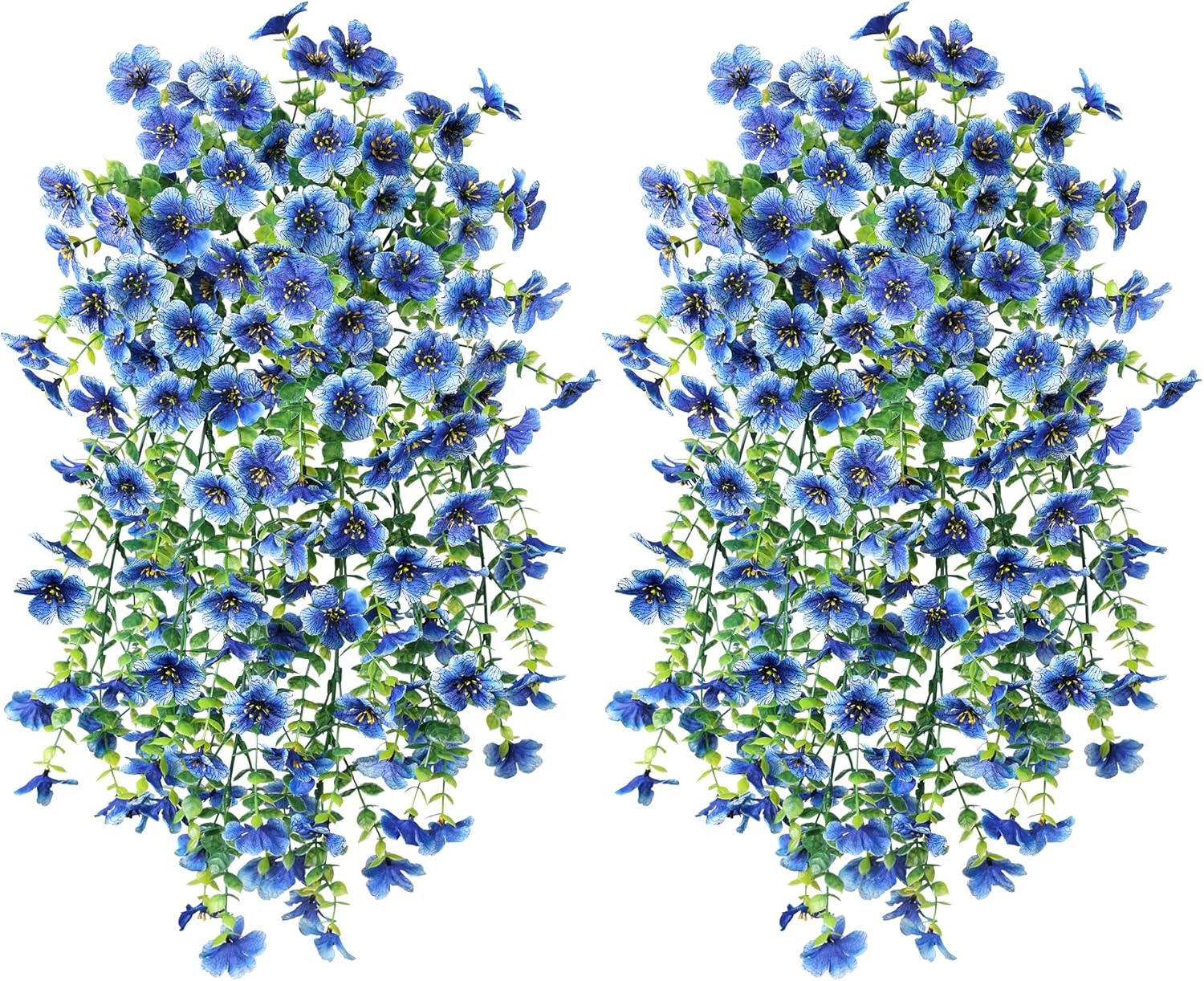 Artificial Faux Hanging Flowers Plant for Fall Outdoor Outside Decoration, 2 PCS Fake Silk Violets with Eucalyptus UV Resistant Realistic Daisy Trailing Vines for Balcony Yard Patio Porch Planter,Blue