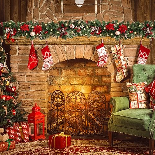 Miniatura 5 de CEWOR Guirnalda de Navidad de 9 pies con 50 luces blancas cálidas sin preiluminadas guirnaldas iluminadas con pilas con lazos bayas rojas para manto