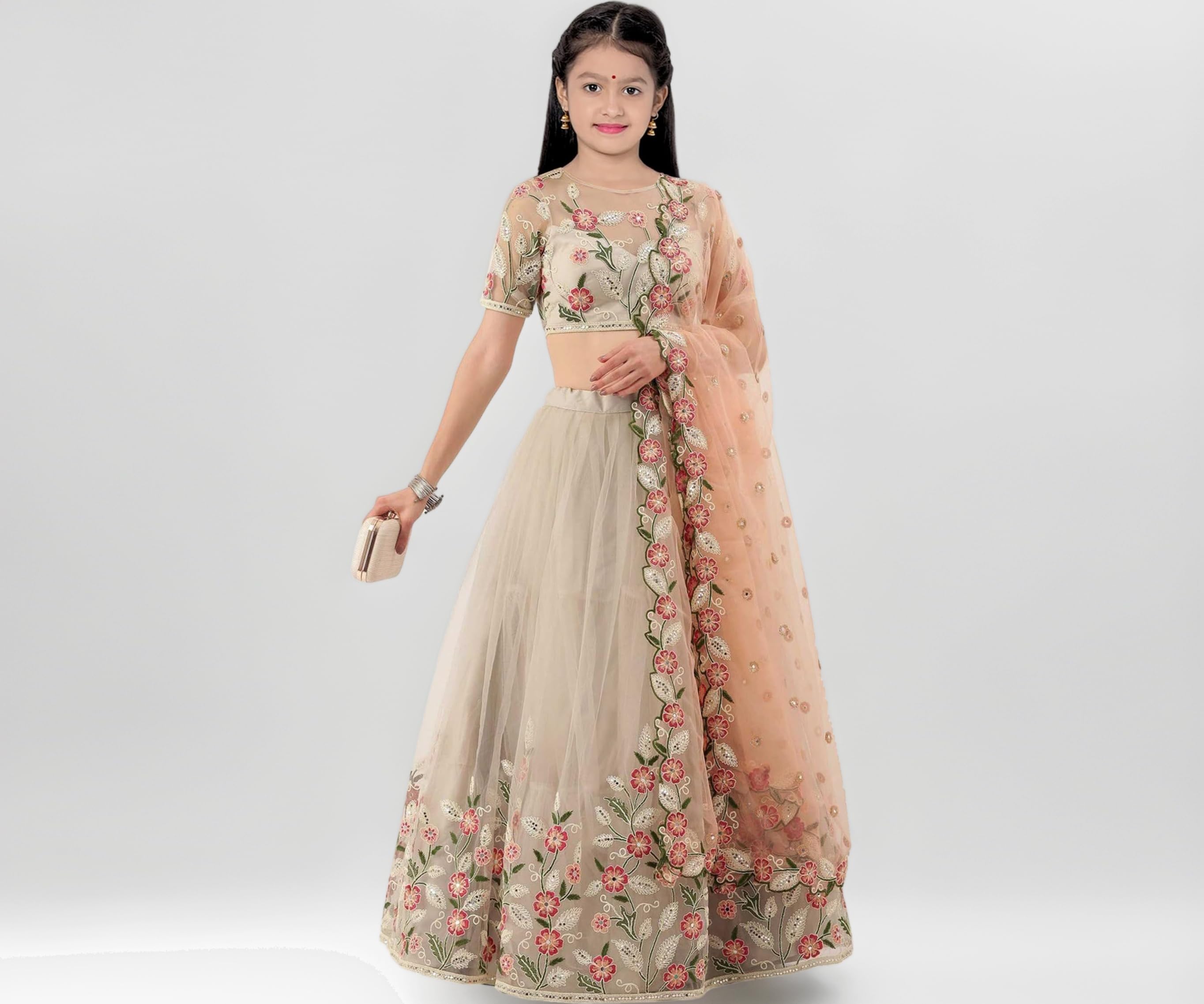 Suppar Sleave Girl's Embroidered Floral Print Net Lehenga Choli Dupatta Set Stitched Blouse and Fit & Flare Style