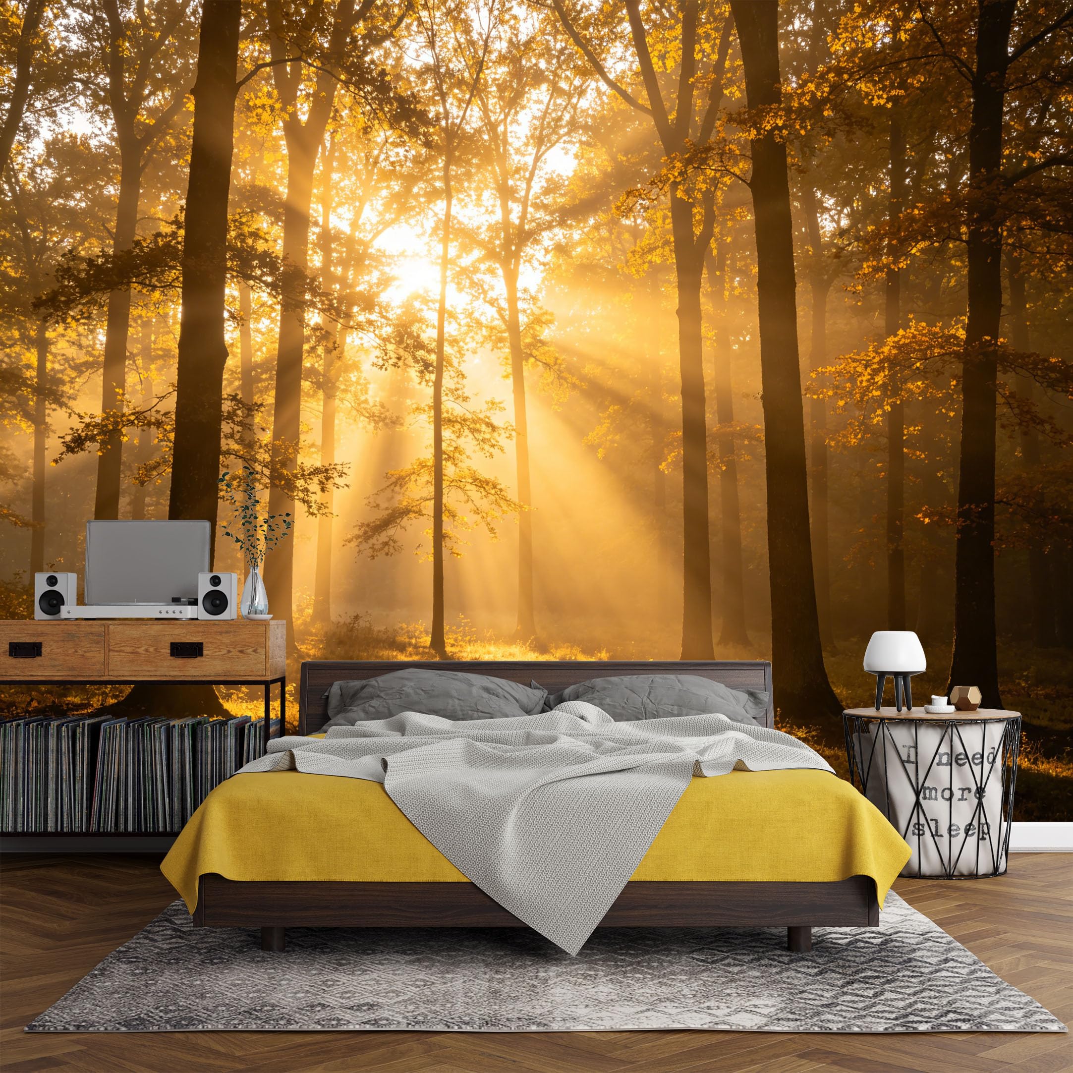 Custom Size Wall Mural， Forest Morning Sunlight Rays Woodland Landscape Nature Scene，SelfAdhesive Art Prints wall Fabric (No PVC) Removable Wallpaper Living Room Decor