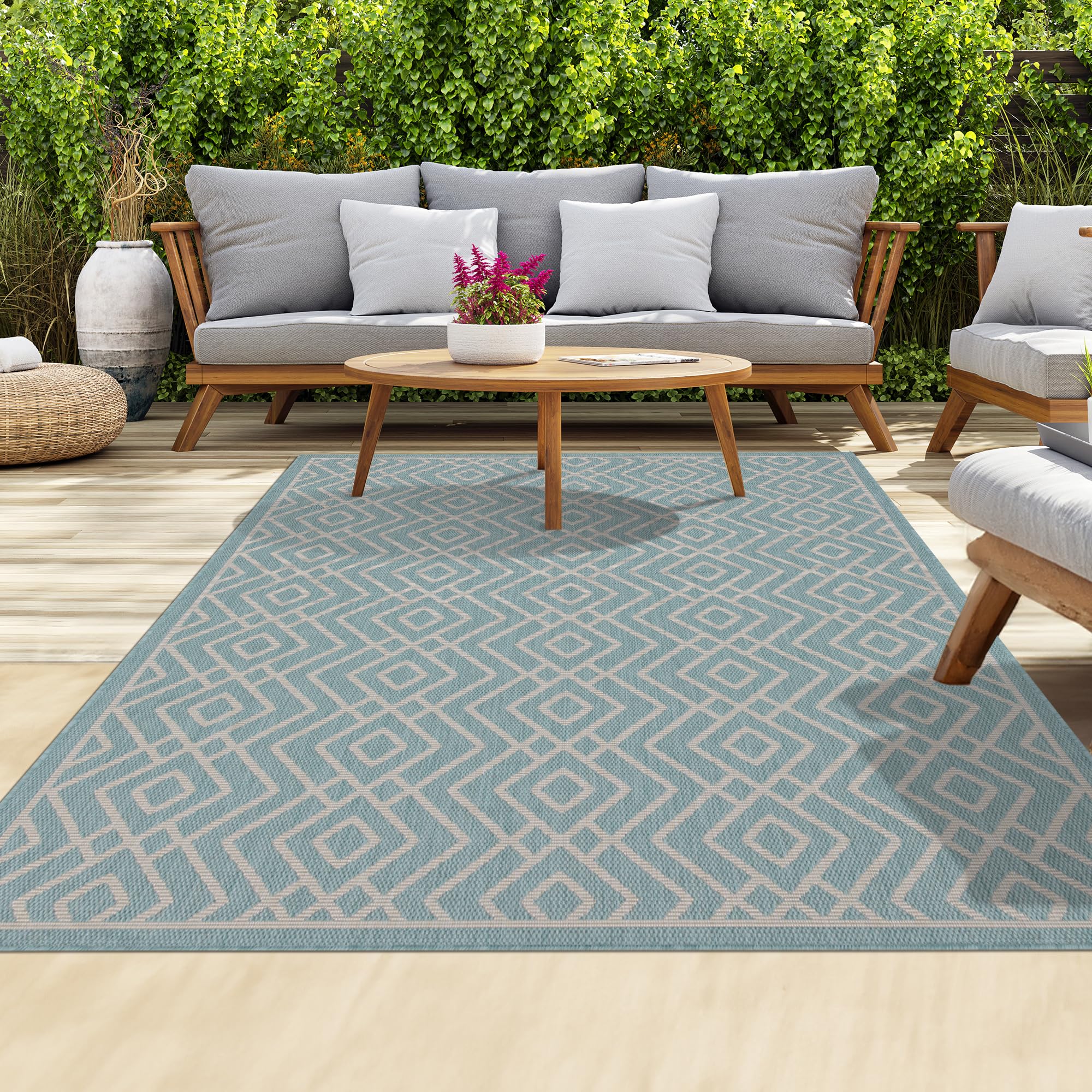 homeart Outdoor Rugs | Easy-Cleaning Indoor & Outdoor Area Rugs for Porch, Deck, Balcony, Garden, Picnic, Kitchen, Hallway | UV & Weather-Resistant Large Patio Rug Mats Aqua Cream, 200 x 290 cm — image 1
