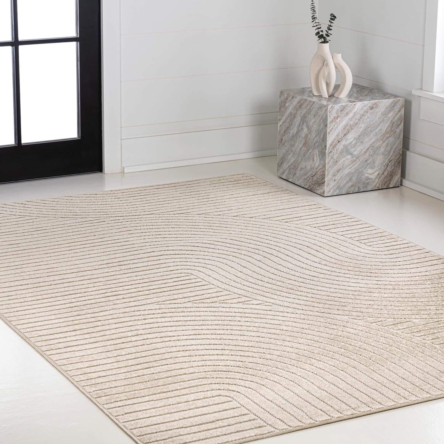 Eyely NCS100D-8 Hallie High-Low Minimalist Curve Geometric Beige/Cream 8 ft. x 10 ft. Indoor/Outdoor Area Rug, for Home, Backyard, Patio, Porch, Bedroom, Kitchen, Living Room