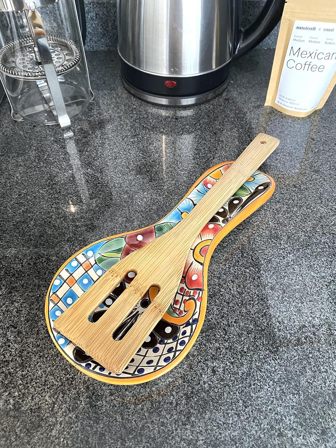 Talavera Spoon Rest – Hand-Painted Ceramic Utensil Rest Handmade in Mexico, 10" Large for Stove Top and Counter, Dishwasher Safe Lead Free, Gift Ready Cuchara Multicolor