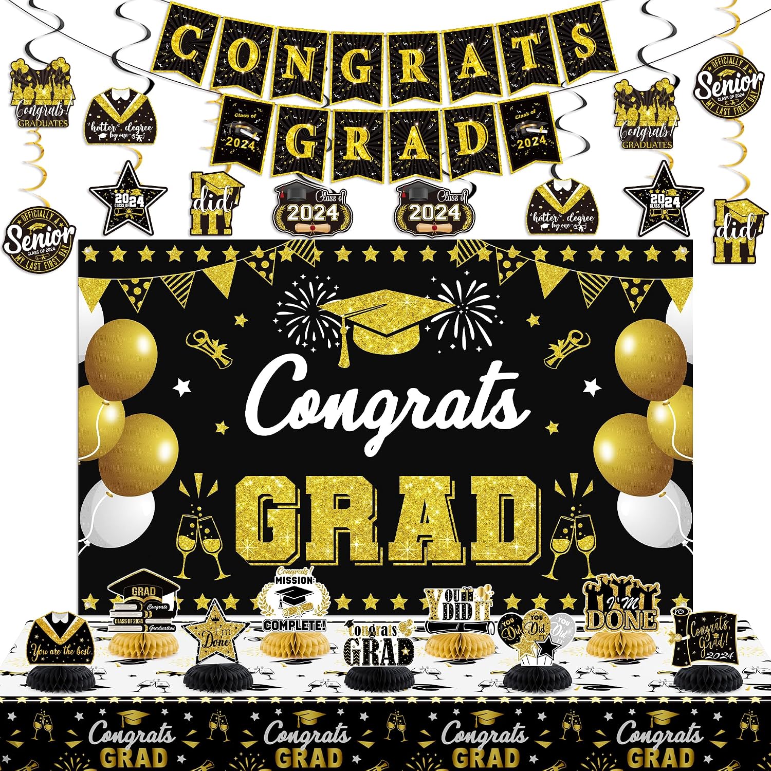 EOBOH Graduation Decorations Class of 2024, Black Gold Congrats Grad Banner Backdrop Centerpieces Tablecloth Swirls Decor for Graduation Party Supply