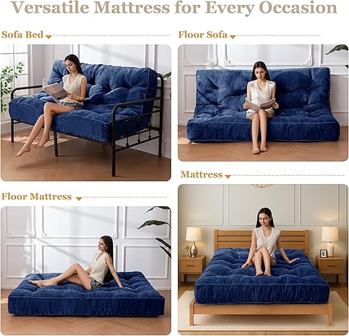 Miniatura 4 de YOSHOOT Colchón futón de 8 pulgadas, tamaño matrimonial, sofá cama de futones gruesos, colchón de tela de felpilla para adultos, relleno de espuma
