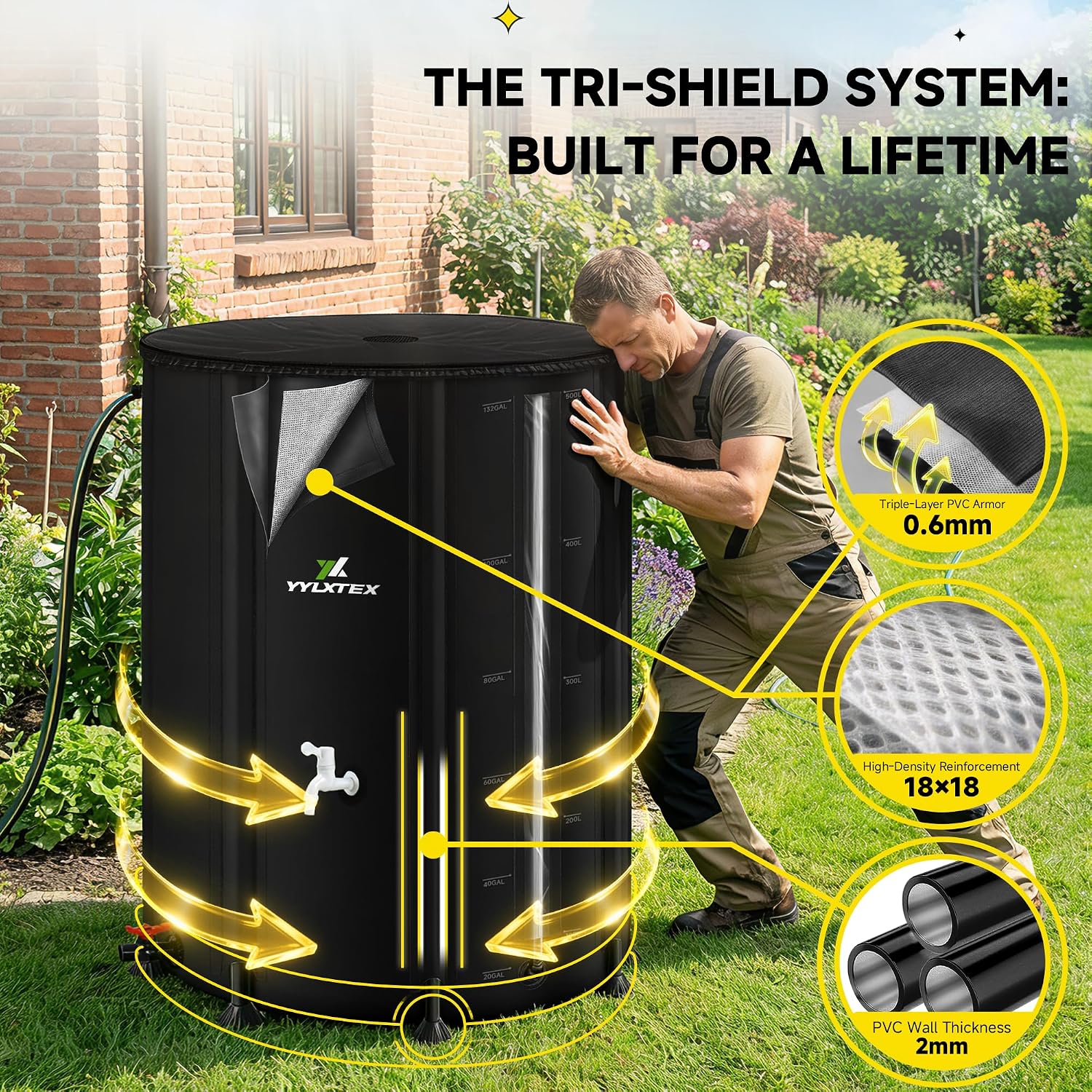 132 Gallon/500L Collapsible RainWater Collection Barrel,Water Tank&Reinforced with 2mm Frame Portable Rain Catcher,Includes Quick-Connect Tap&Sprinkler,Heavy Duty 0.6mm PVC for Long-Lasting Use,Black