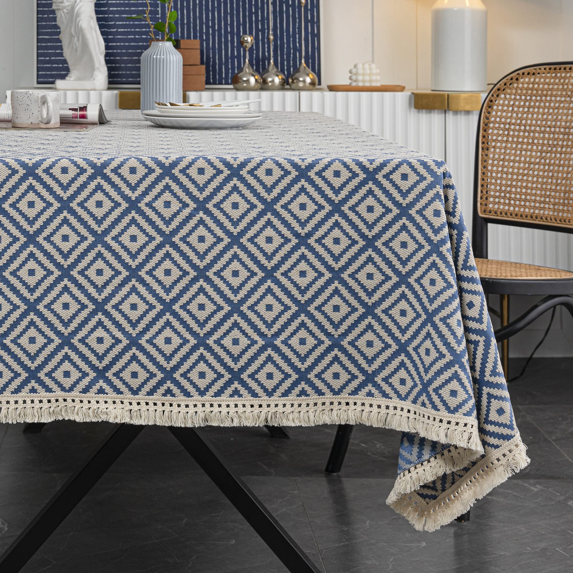 Neelvin Rectangle Tablecloths Thick Knitted Embroidery Textured Tassel Cotton Linen Wrinkle Free Decorative Oblong Table Cover for Kitchen Dining,55"x71",4-6 Seats