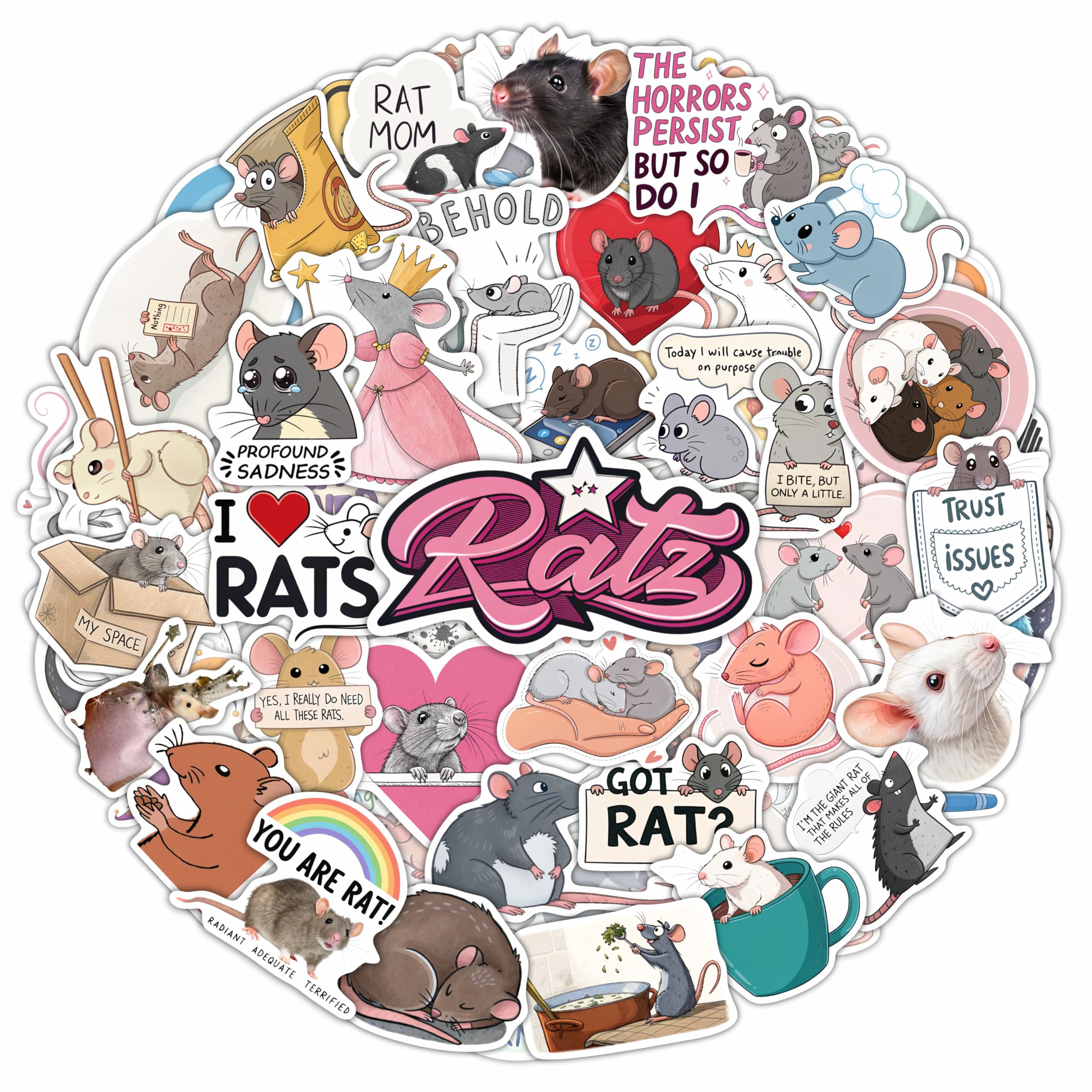 100Pcs Сute Rat Stickers for Water Bottle, Laptop - Funny Rat Gifts, Party Favors & Party Decorations - Mouse Stickers and Decals - Gift for Women & Men — image 1