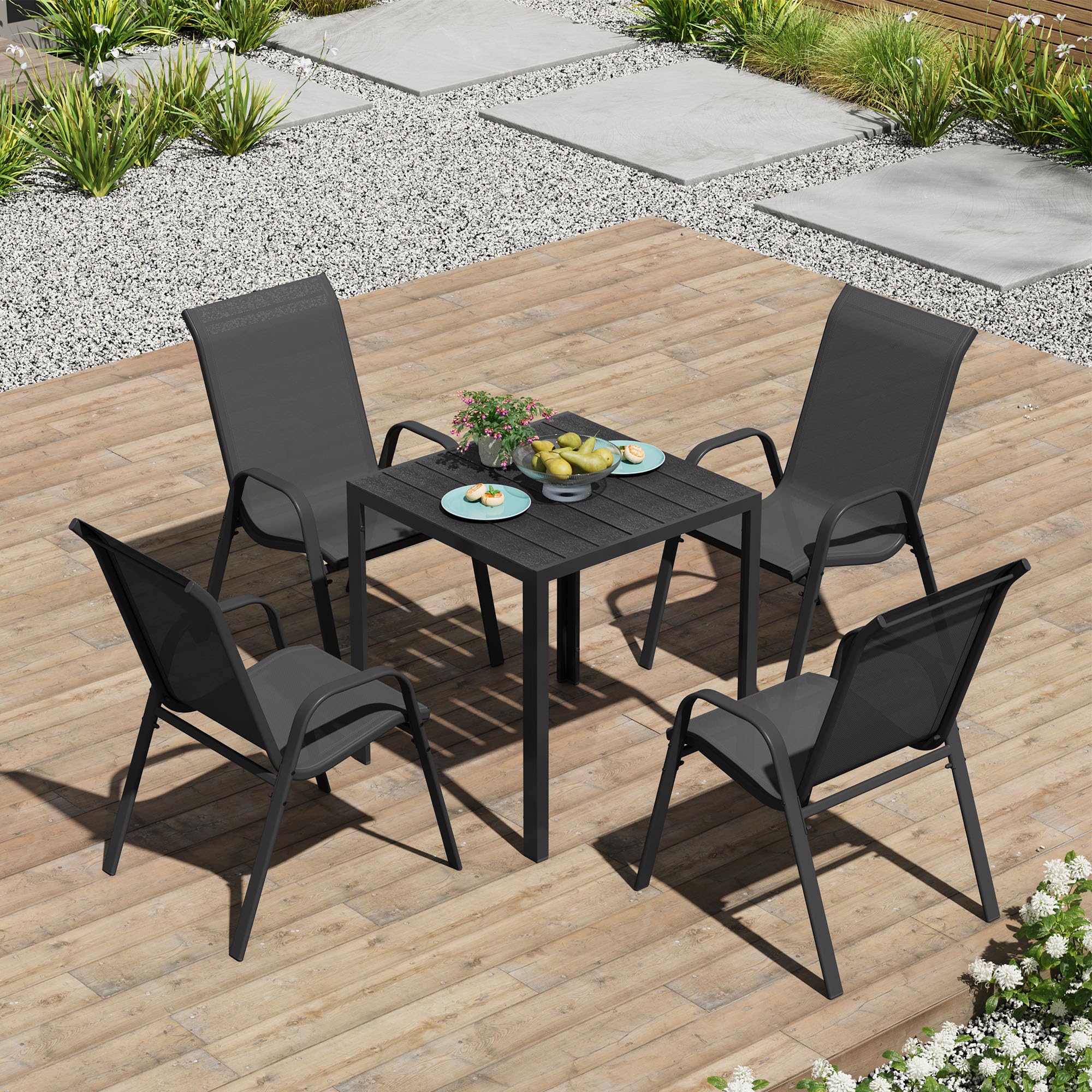 WOLTU Sillas de Jardín, Juego de 4 Sillones Apilables de Exterior, Respaldo Transpirable, Sillas para Terraza Patio Balcón, Estructura de Metal, Gris Oscuro