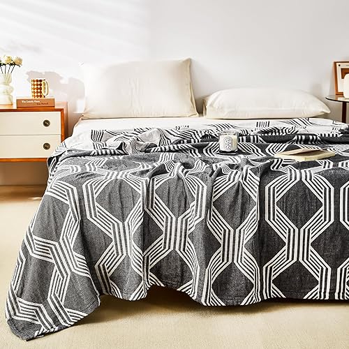 Miniatura 6 de MEJU Bright Flower - Manta de muselina amarilla y azul para todas las estaciones, para cama, sofá, sofá, 100% algodón peinado, 4 capas, suave,