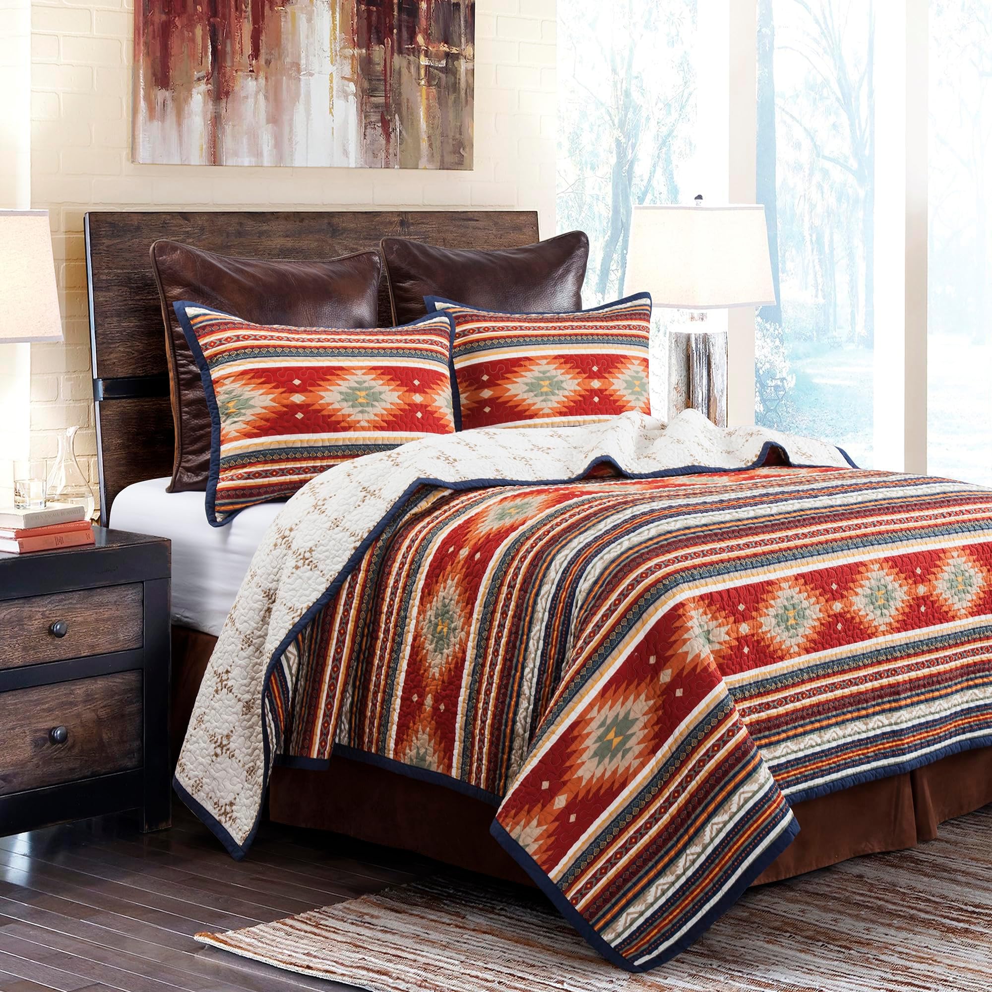 Del Sol King Quilt Set, 3 Piece Rustic Western Bedding Set with Pillow Sham, Lightweight Reversible Cotton Quilt with Southwestern Aztec Pattern, Soft Breathable Cozy Boho Bedding