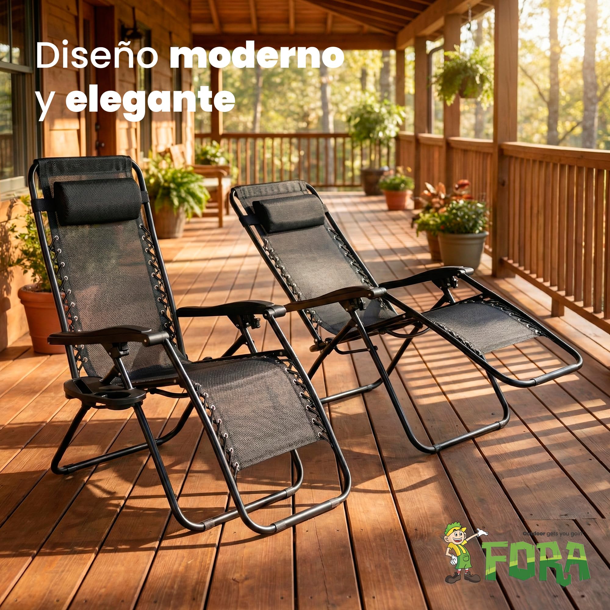 FORA Pack 2 Tumbonas Jardín Exterior Plegables – 176×67×110 Cm, Tubo 25mm y Tejido Transpirable, Color Negro, Reclinables con Bloqueo de Seguridad, Cojín Incluido, Plegado Rápido, 120Kg