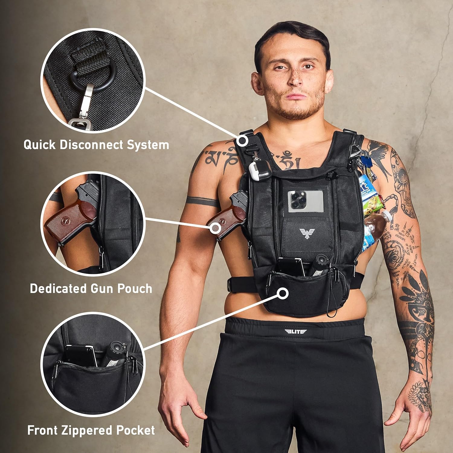 Elite Sports Running Vest w/Phone Holder, Gun Holster for Men/Women, Reflective Lightweight Chest Pack w/Touch Friendly Phone Sleeve, Camera Pocket - Chest Rig for Hiking, Trail, Marathon, Camping